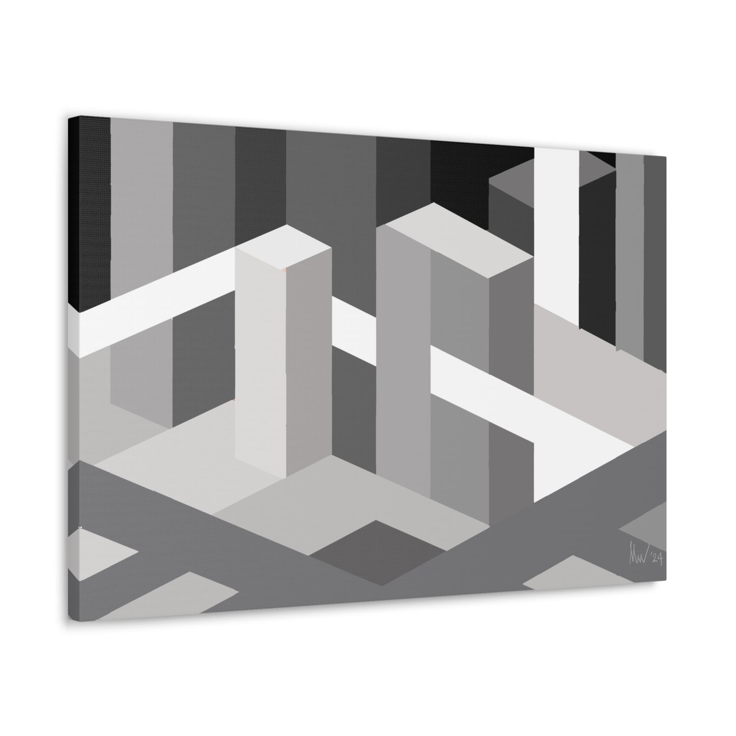 Medium grey-black monotoned abstract urban art piece with intersecting 3D blocks hung on a white wall.