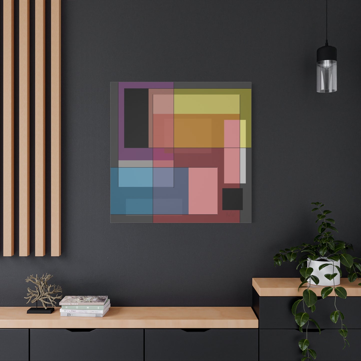 A large art piece in the modern geometric abstract square canvas wall art set on a dark wall