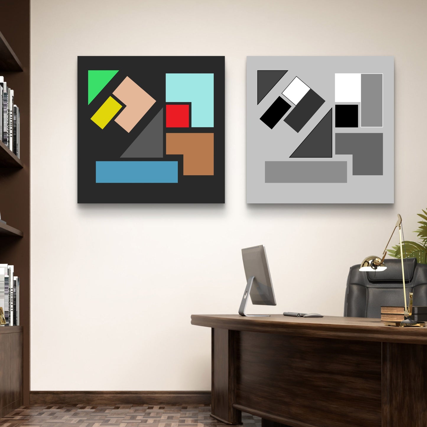Modern office interior with abstract geometric art on the wall, a desk, and decorative items.