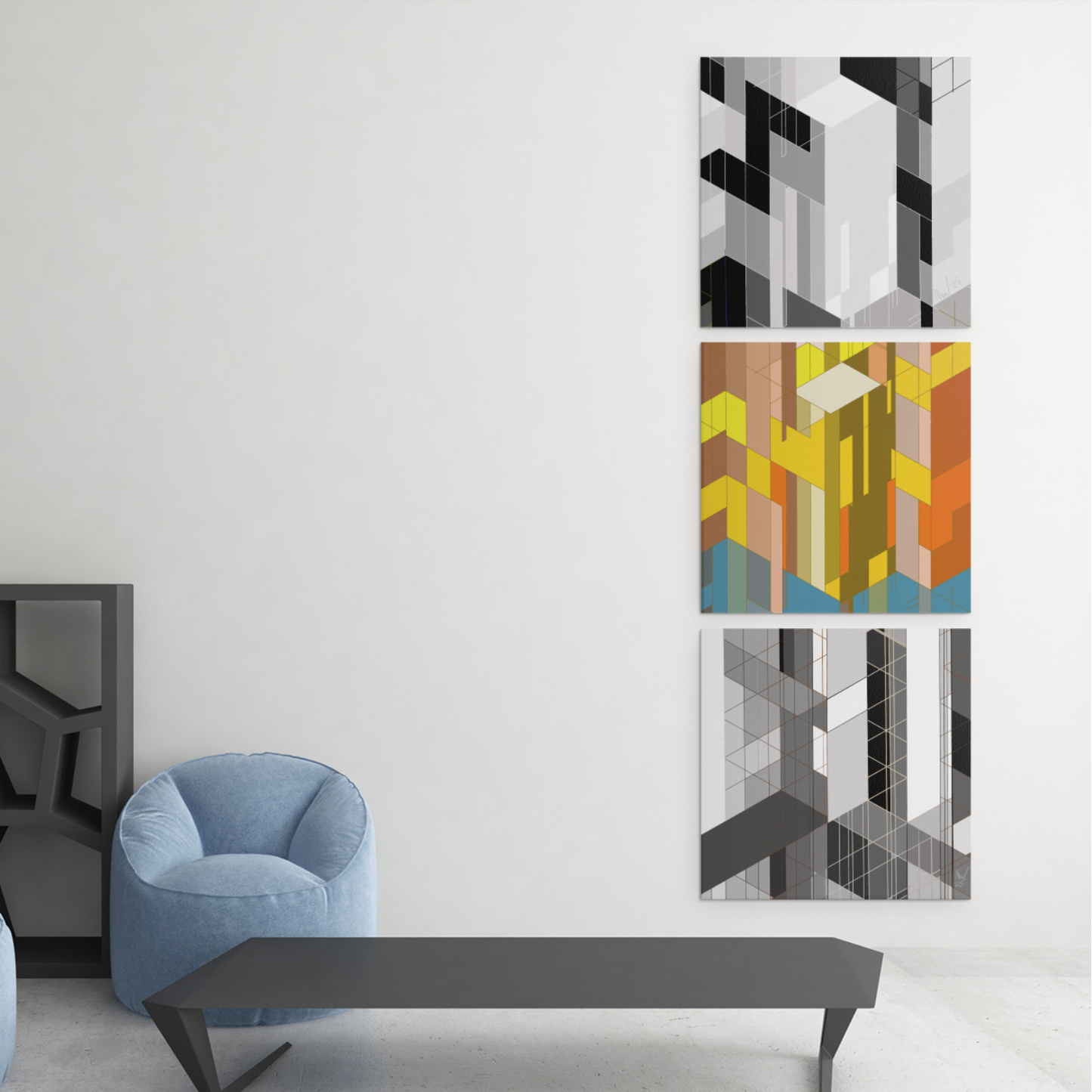 set of 3 urban square wall art prints for living room