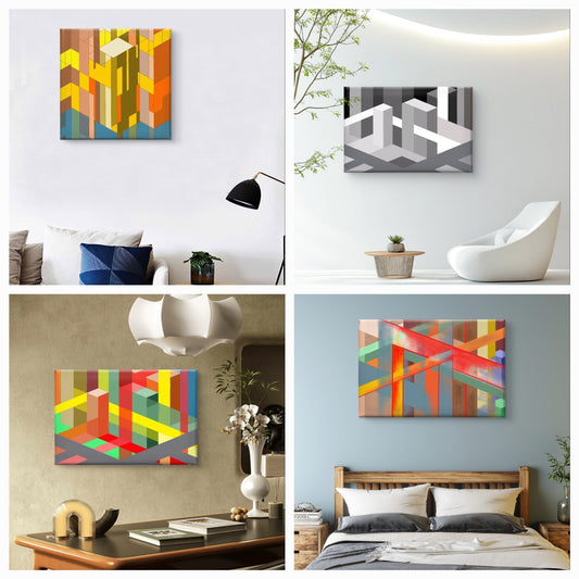 2- Curating themed interior styling with art. A group of 4 curated abstract artworks in a home's interiors