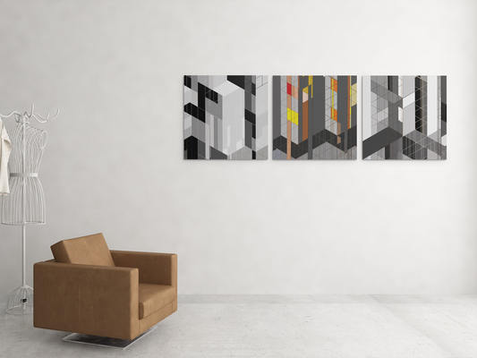 5- Collages. Art horizontally placed as a collage in a living room with a single sofa