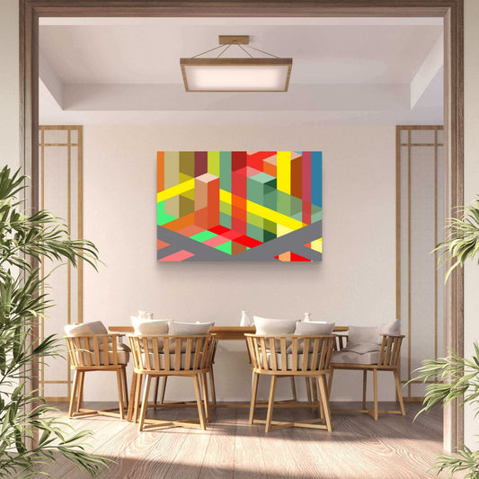 Dining room with a colourful abstract artwork on the wall