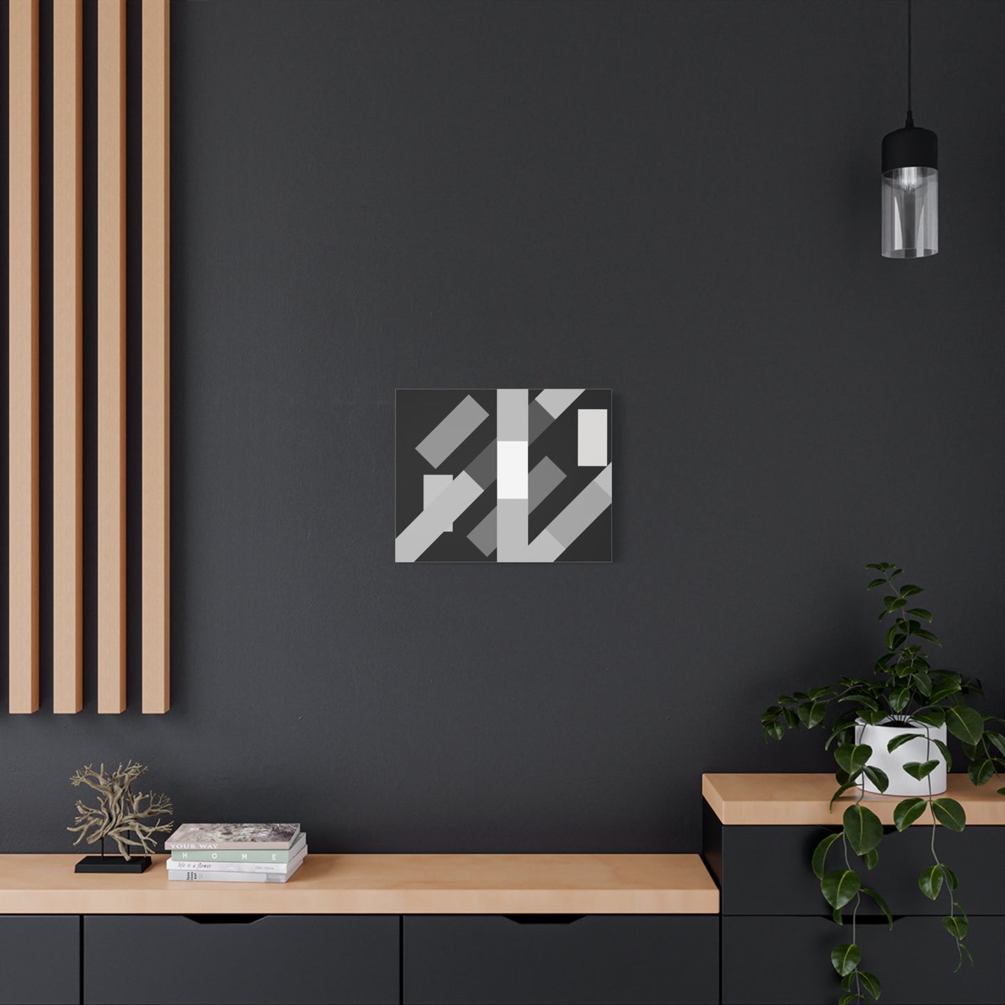 abstract geometric flyover canvas artwork on a dark wall background