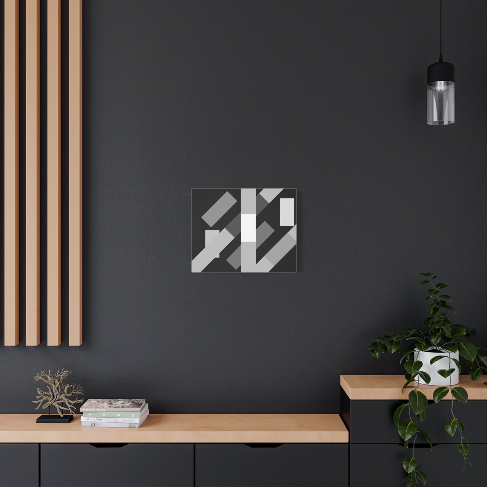 abstract geometric flyover canvas artwork on a dark wall background