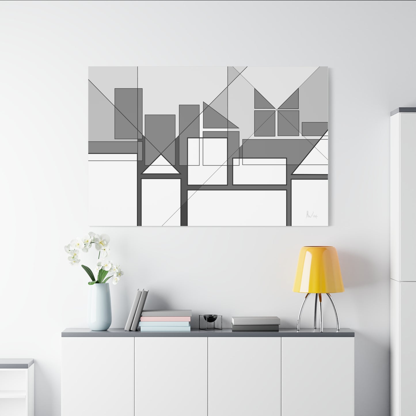 Geometric highrise soft monochrome (A)- Classic canvas (Free shipping in Australia)