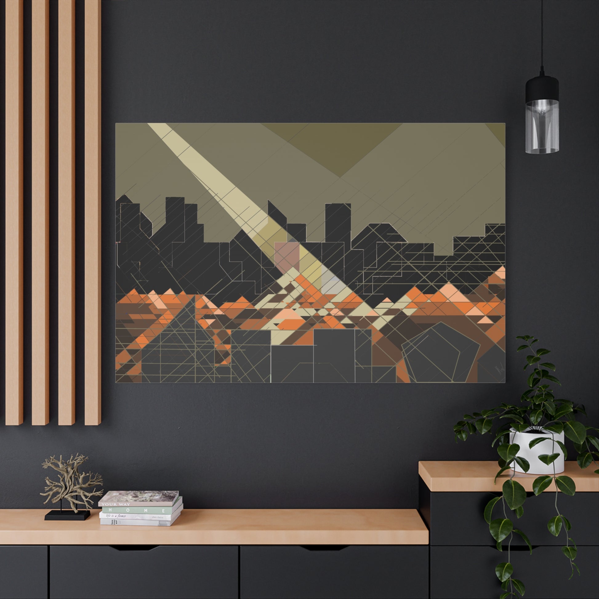 A large piece from the abstract Urban Landscape Canvas Wall Art Set displayed on a dark wall