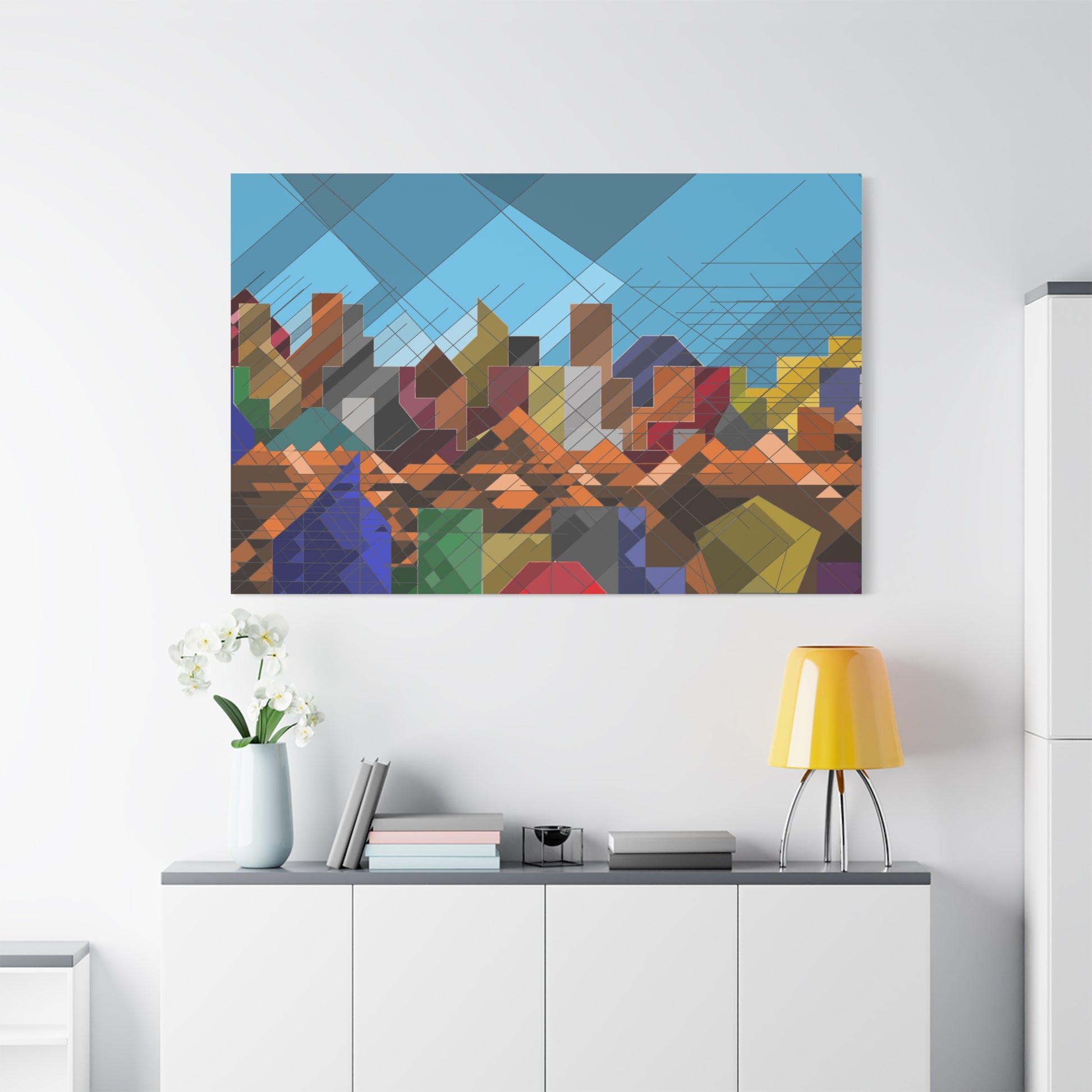Urban landscape wall canvas set for living rooms featuring geometric skyscrapers and colorful terrain.