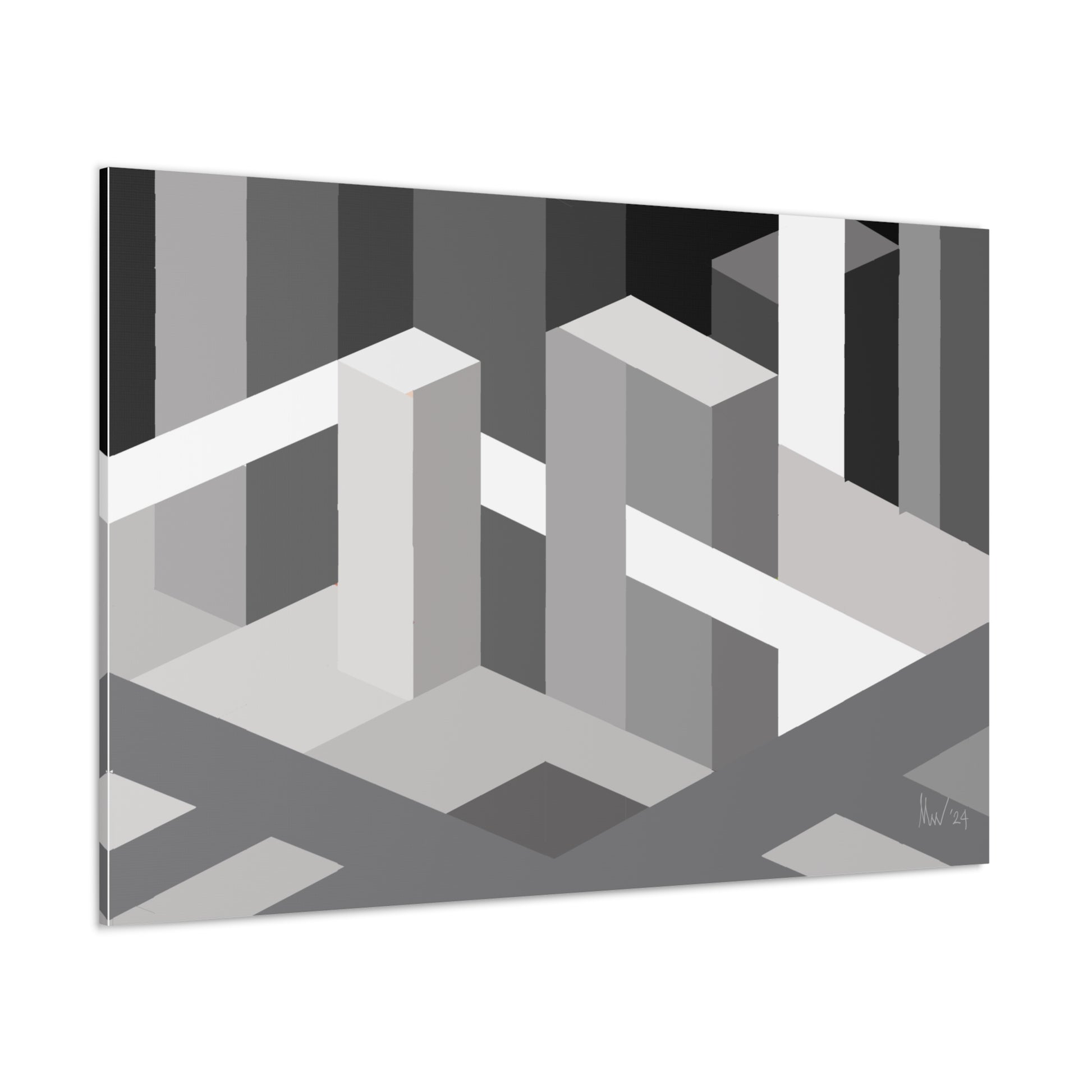 Large grey-black monotoned abstract urban art piece with intersecting 3D blocks hung on a white wall..