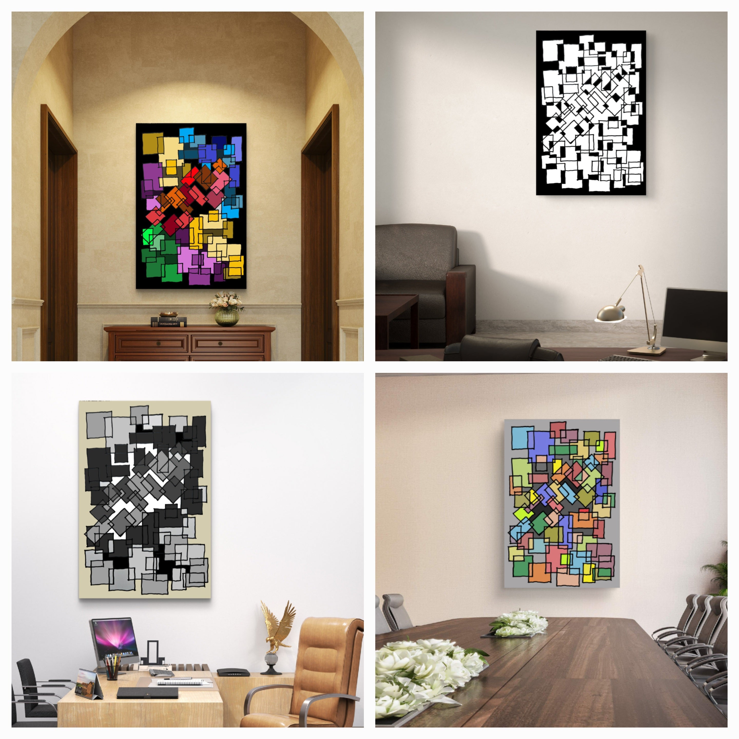 Collage of themed geometric abstract wall art in four various office inteirors comprising reception, offices and meeting room