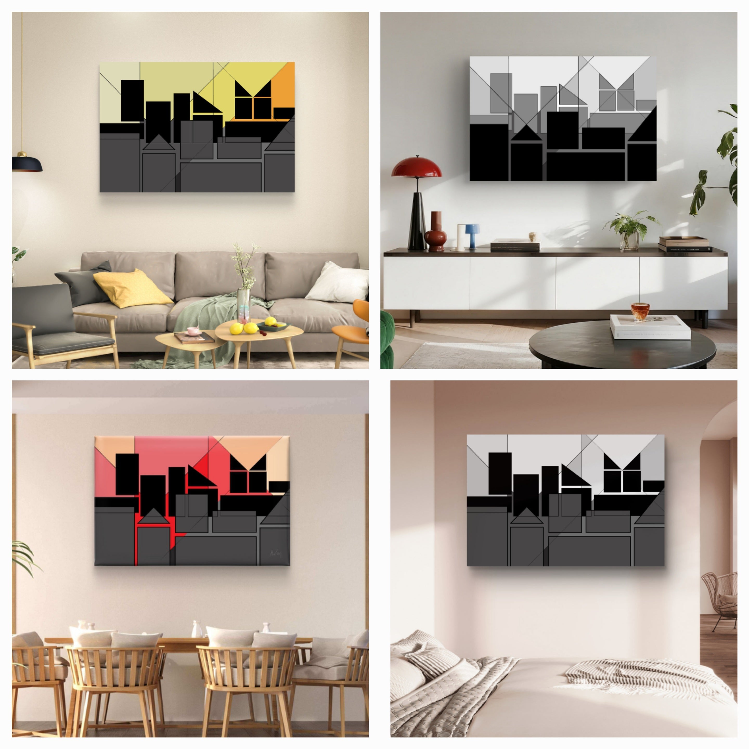 Collage of four different rooms with  cohesive and themed urban abstract wall art