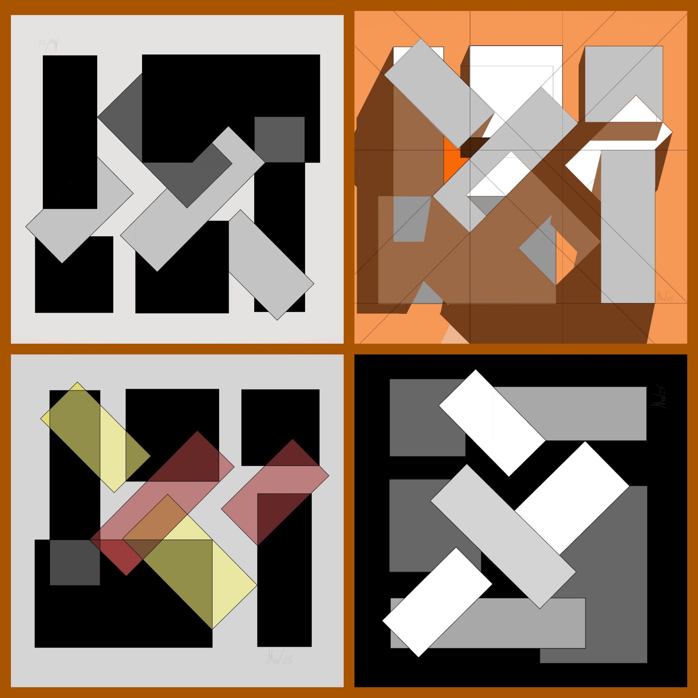 Four abstract geometric designs in different colors and patterns.