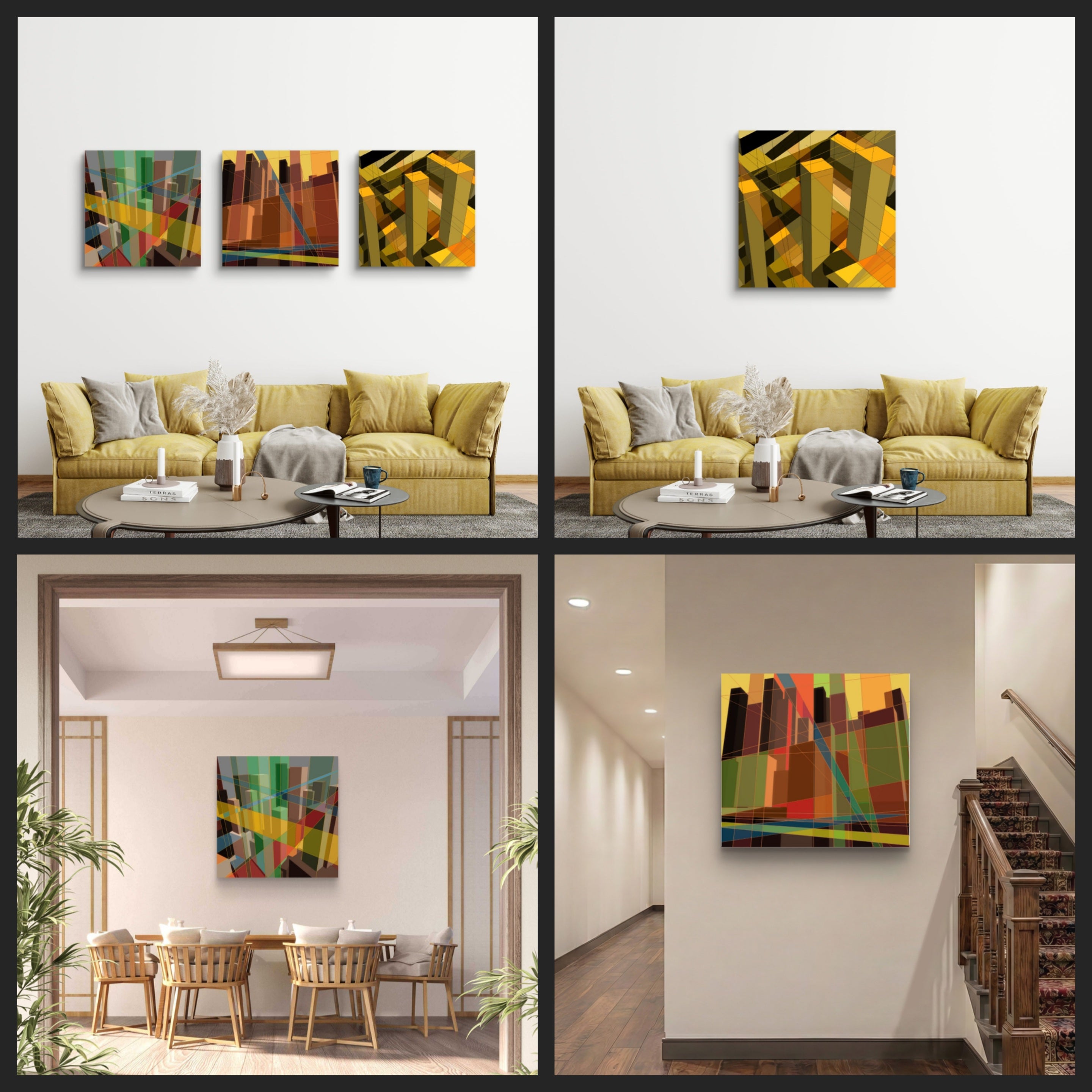 Collage showing abstract artwork in different interiors of a homel.