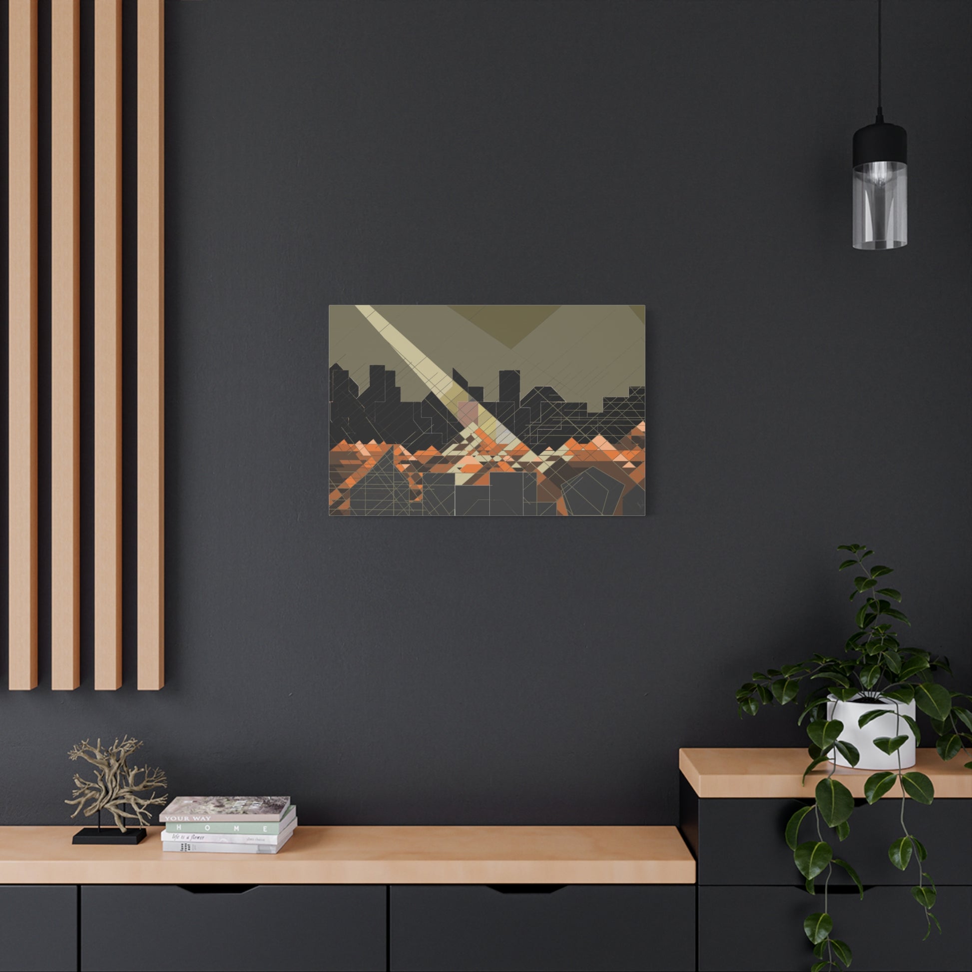 Urban landscape wall canvas set for living rooms displayed in a modern home interior.