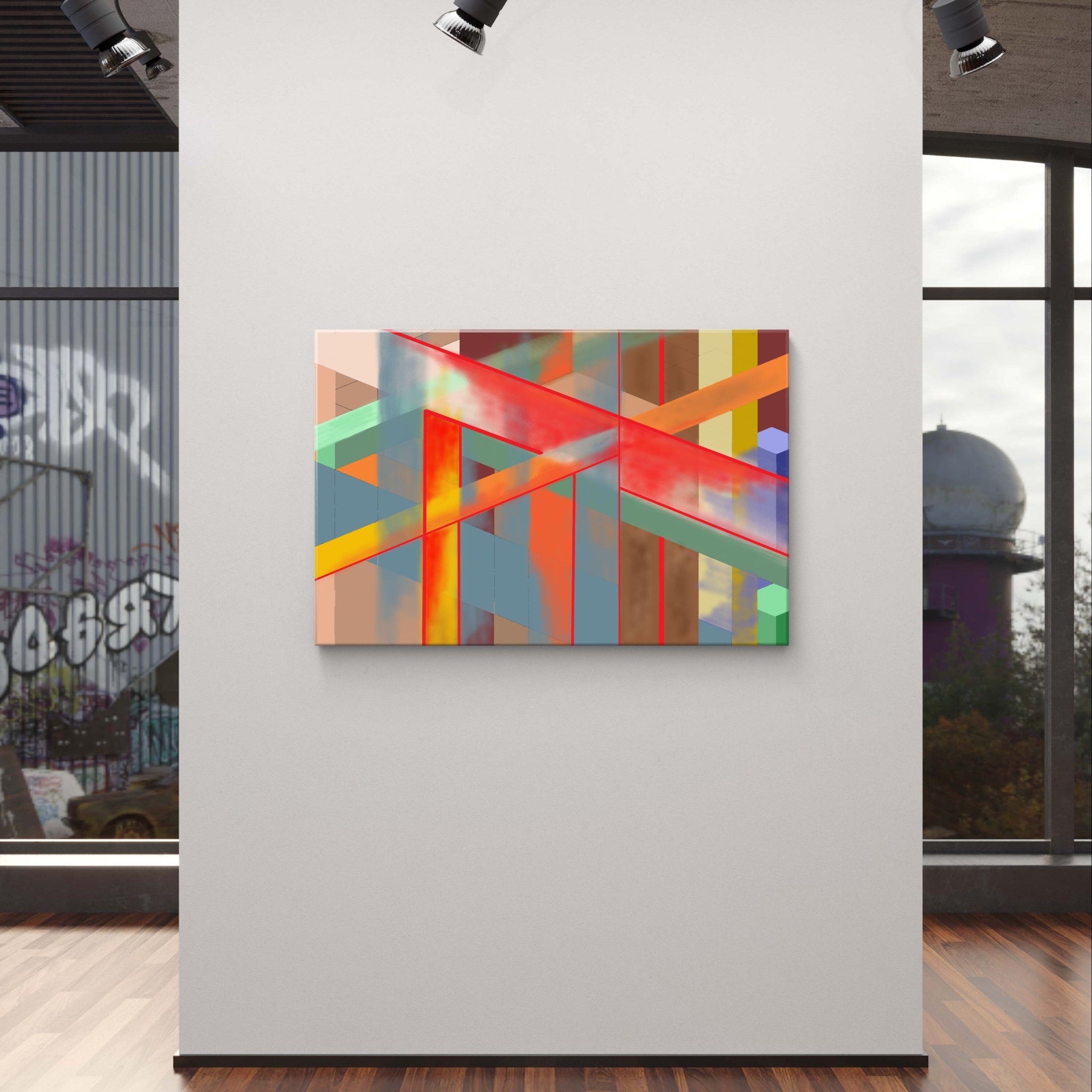Abstract colourful urban artwork on a plain white wall in an office entry hall creating a stunning feature wall.