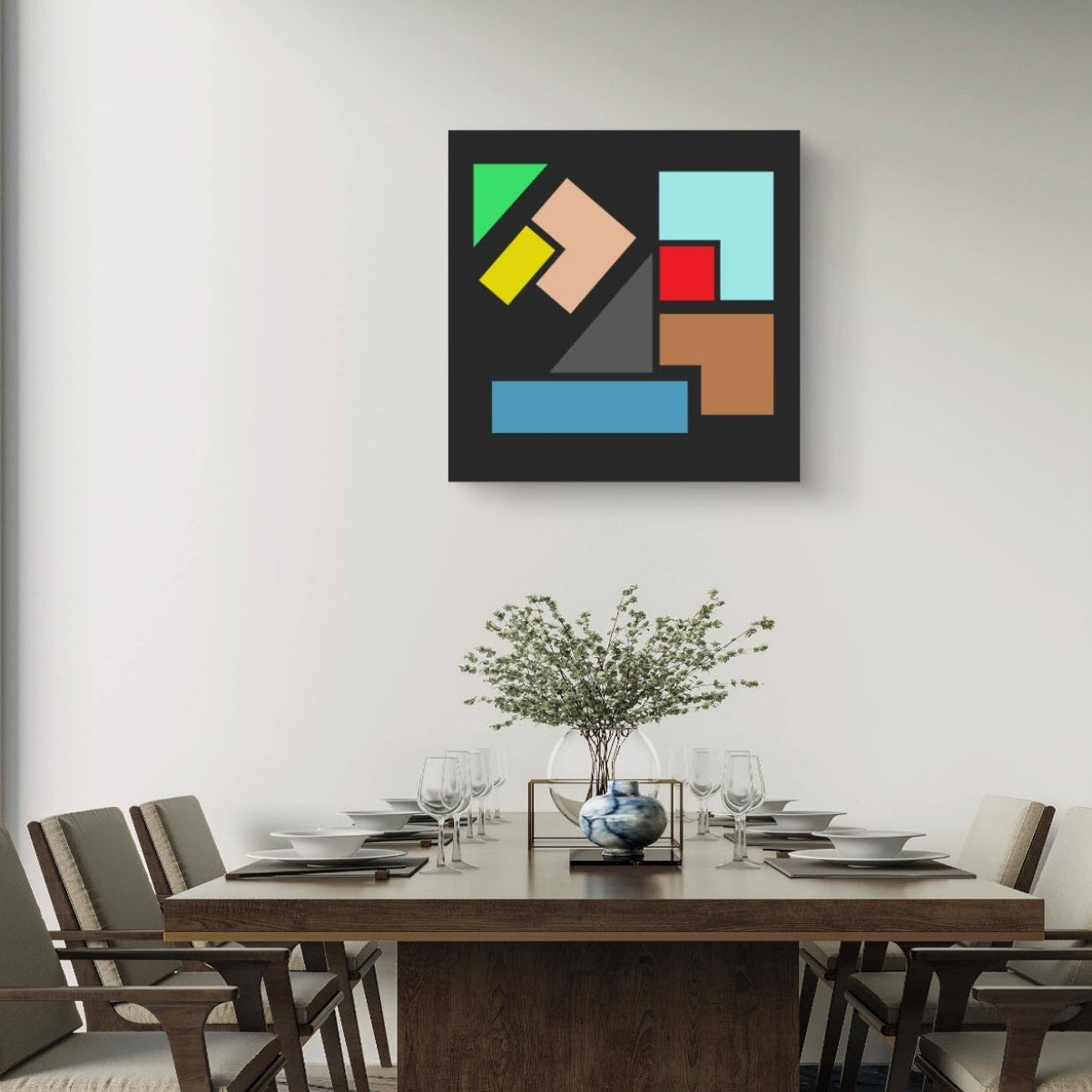 Dining room with a modern abstract painting on the wall above a wooden table.