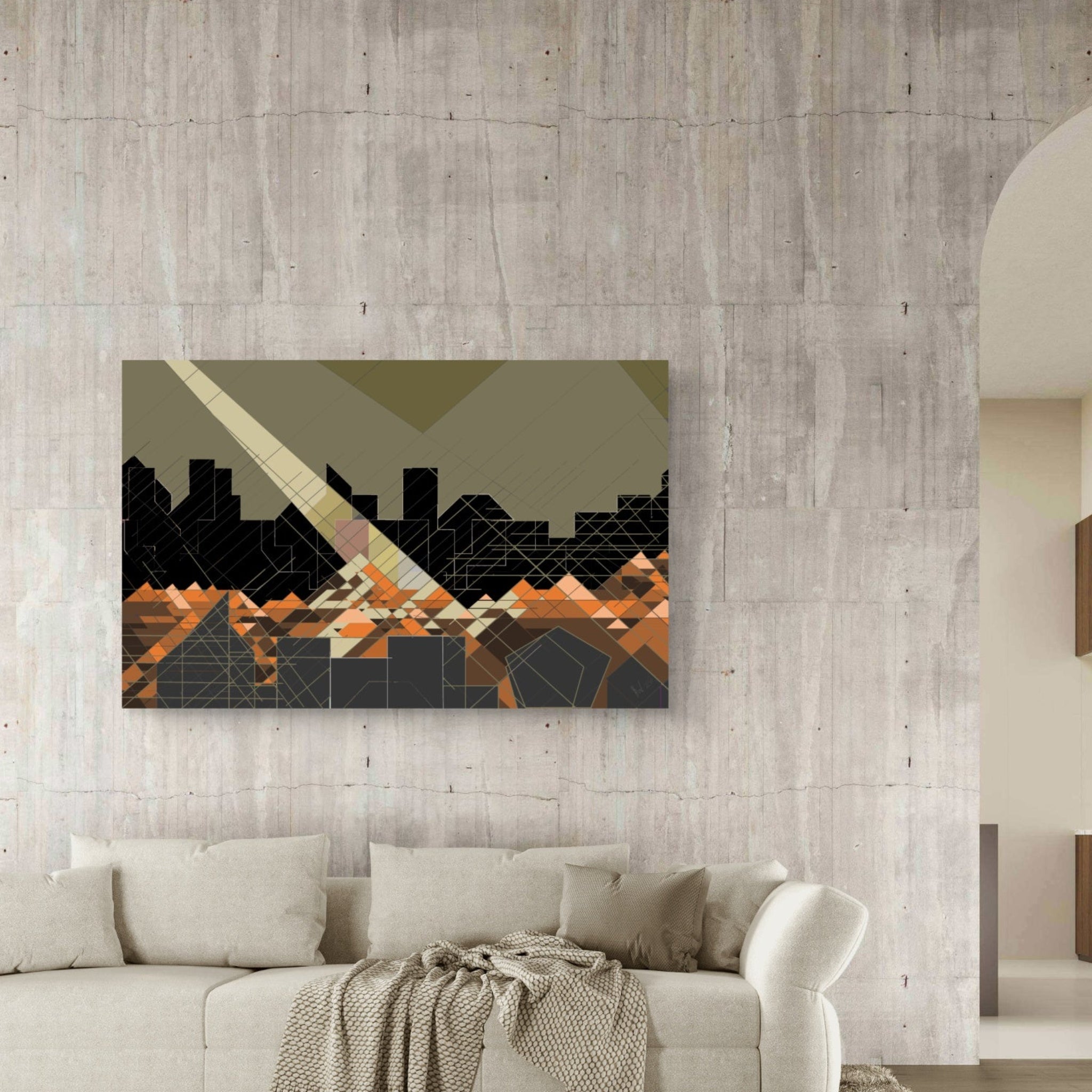 Abstract cityscape painting on a wall above a sofa in a modern living room.