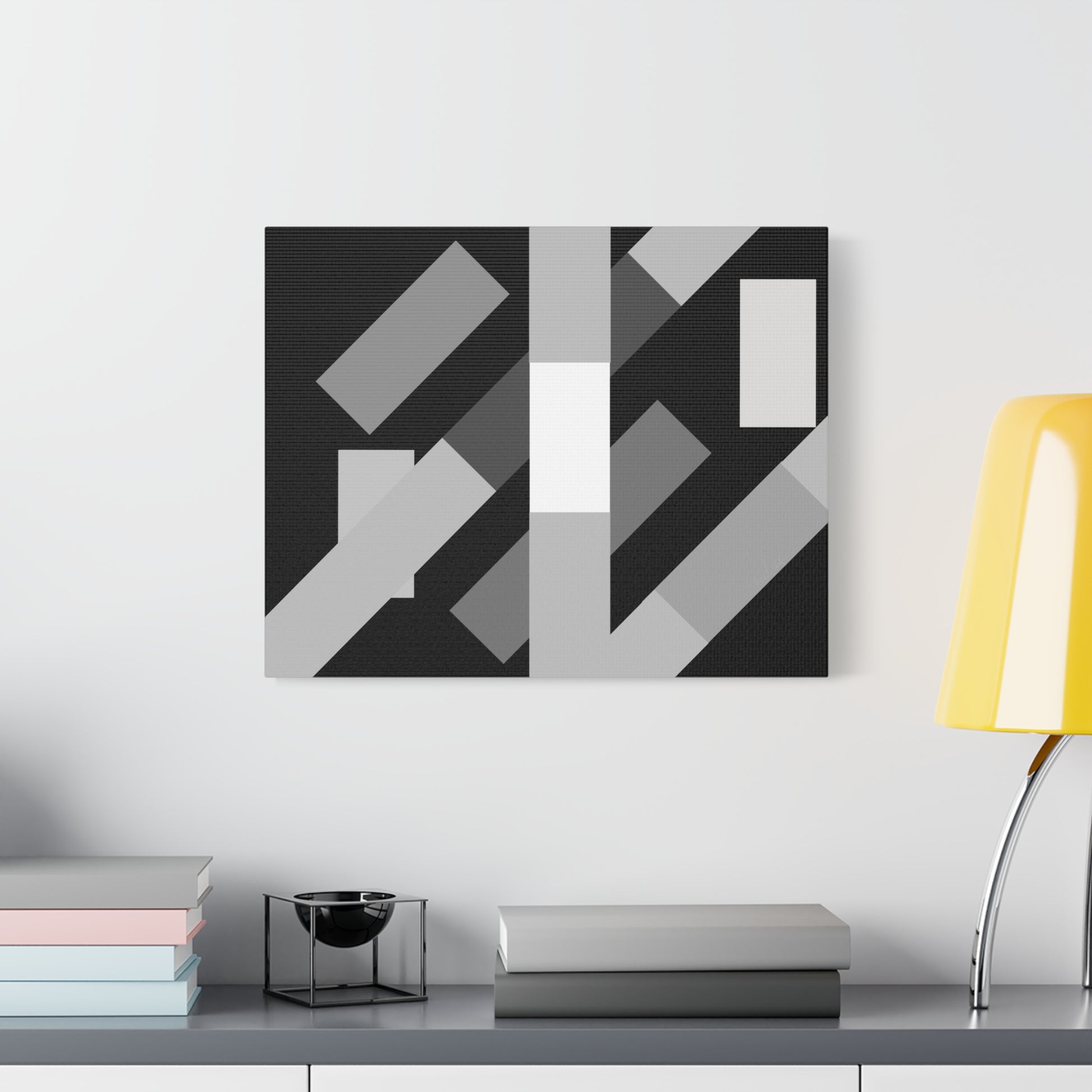 abstract geometric flyover above a shelf with a lampshade