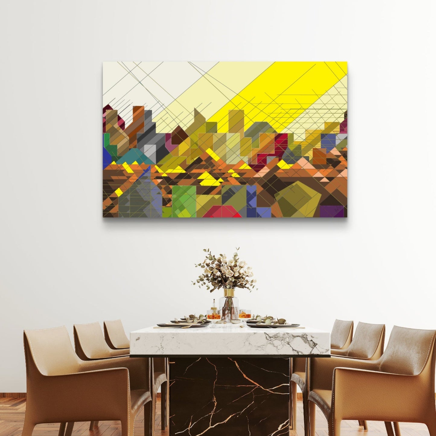 Urban landscape wall canvas set for living rooms displayed above a modern dining table.