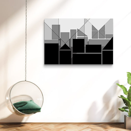 Abstract geometric wall art in a modern living room setting with a hanging chair and plant.