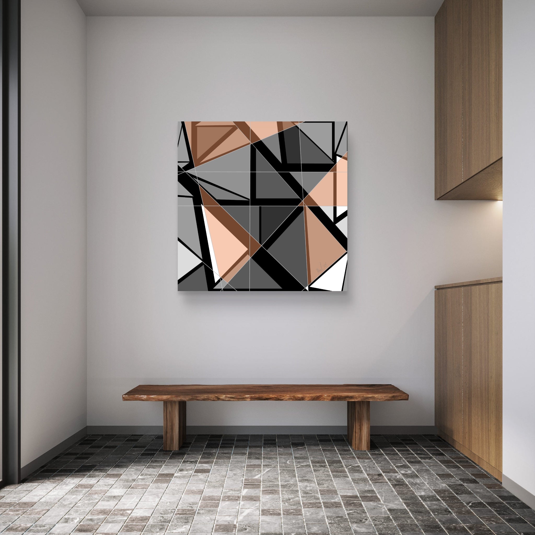 Modern interior with a geometric abstract painting creating a feature wall in a nook with a wooden bench, and wooden cabinets.