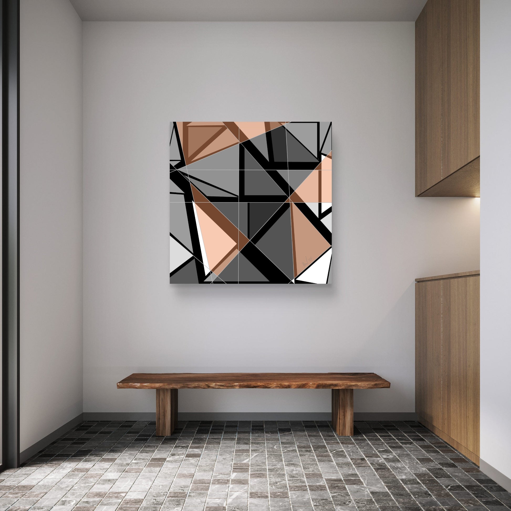 Double geometric canvas set with free shipping displayed in modern interior, featuring geometric shapes in earthy tones.