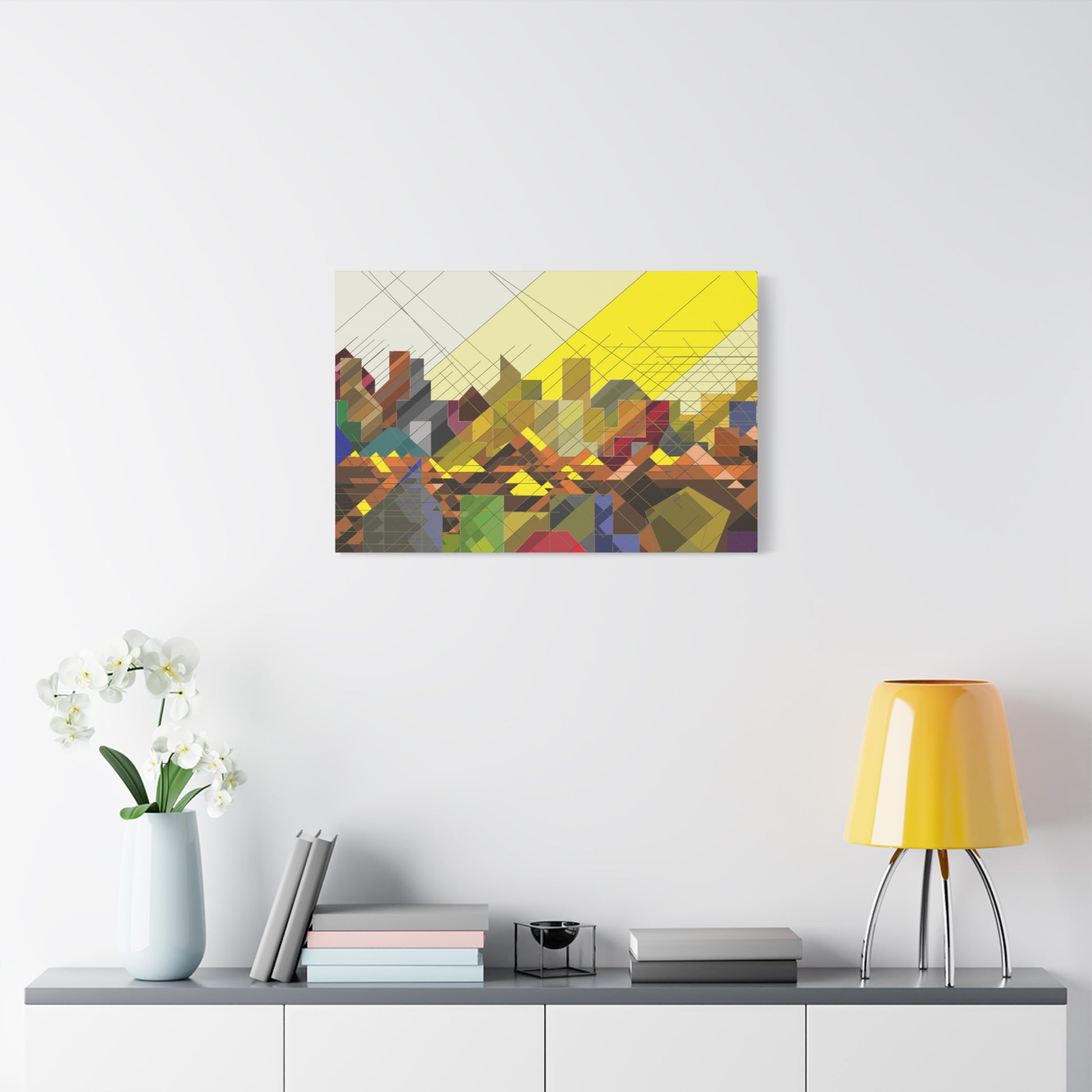 A medium yellow hue piece from the abstract Urban Landscape Canvas Wall Art Set
