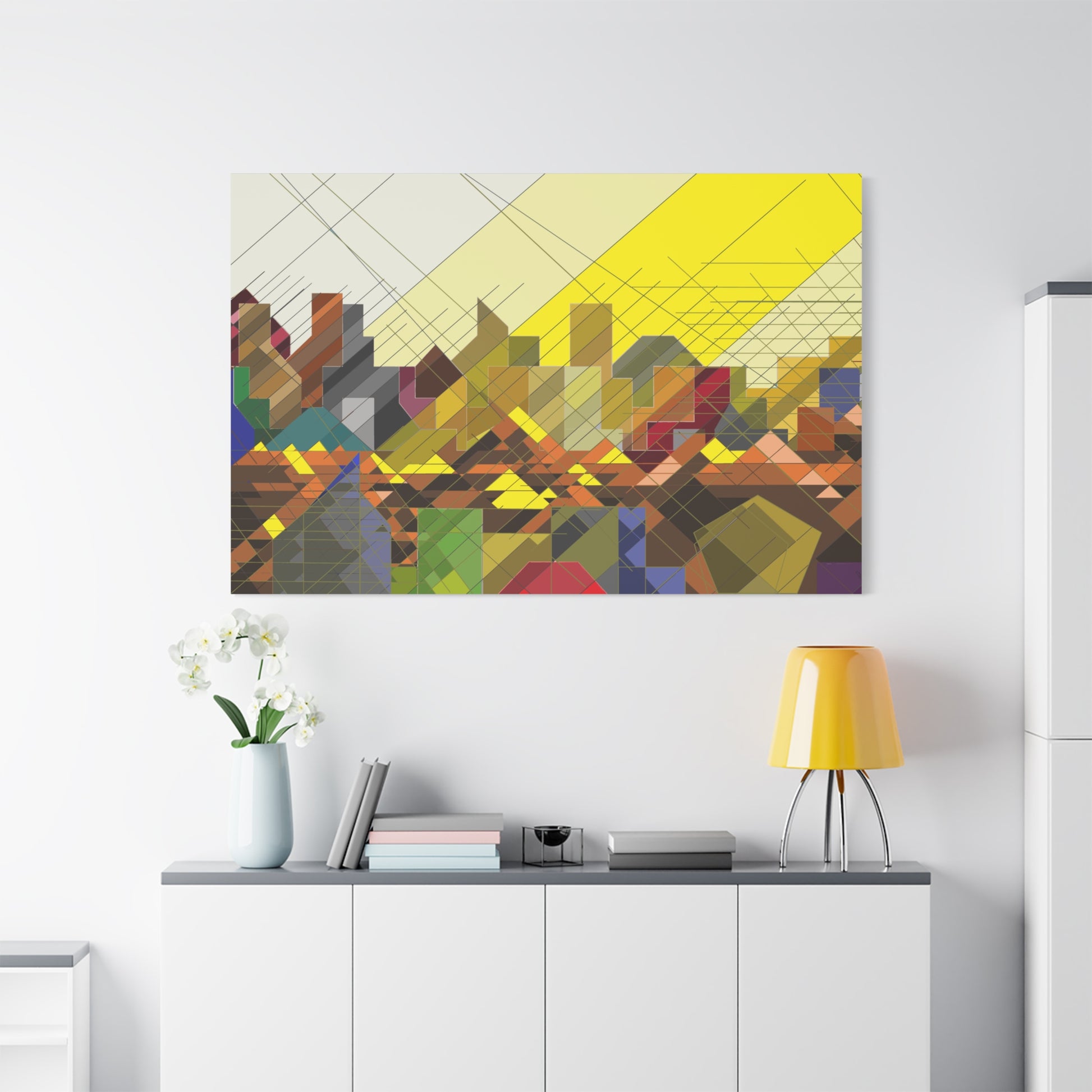 A large yellow hue piece from the abstract Urban Landscape Canvas Wall Art Set