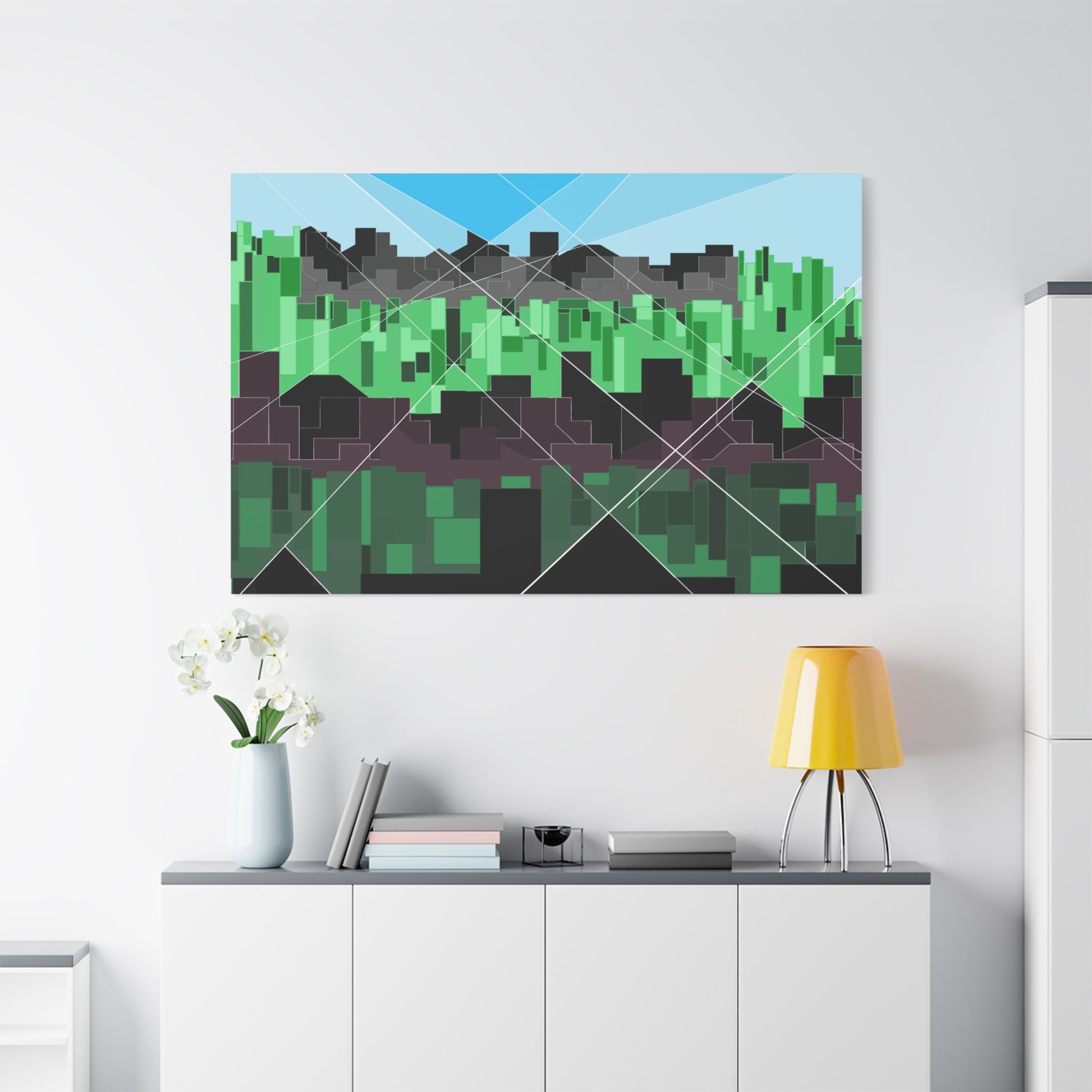 Modern green wall canvas set for living room displayed in a modern home interior.