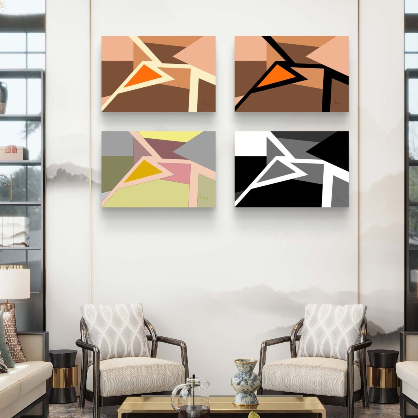 Abstract geometric art in gallery wall form in a reception area.