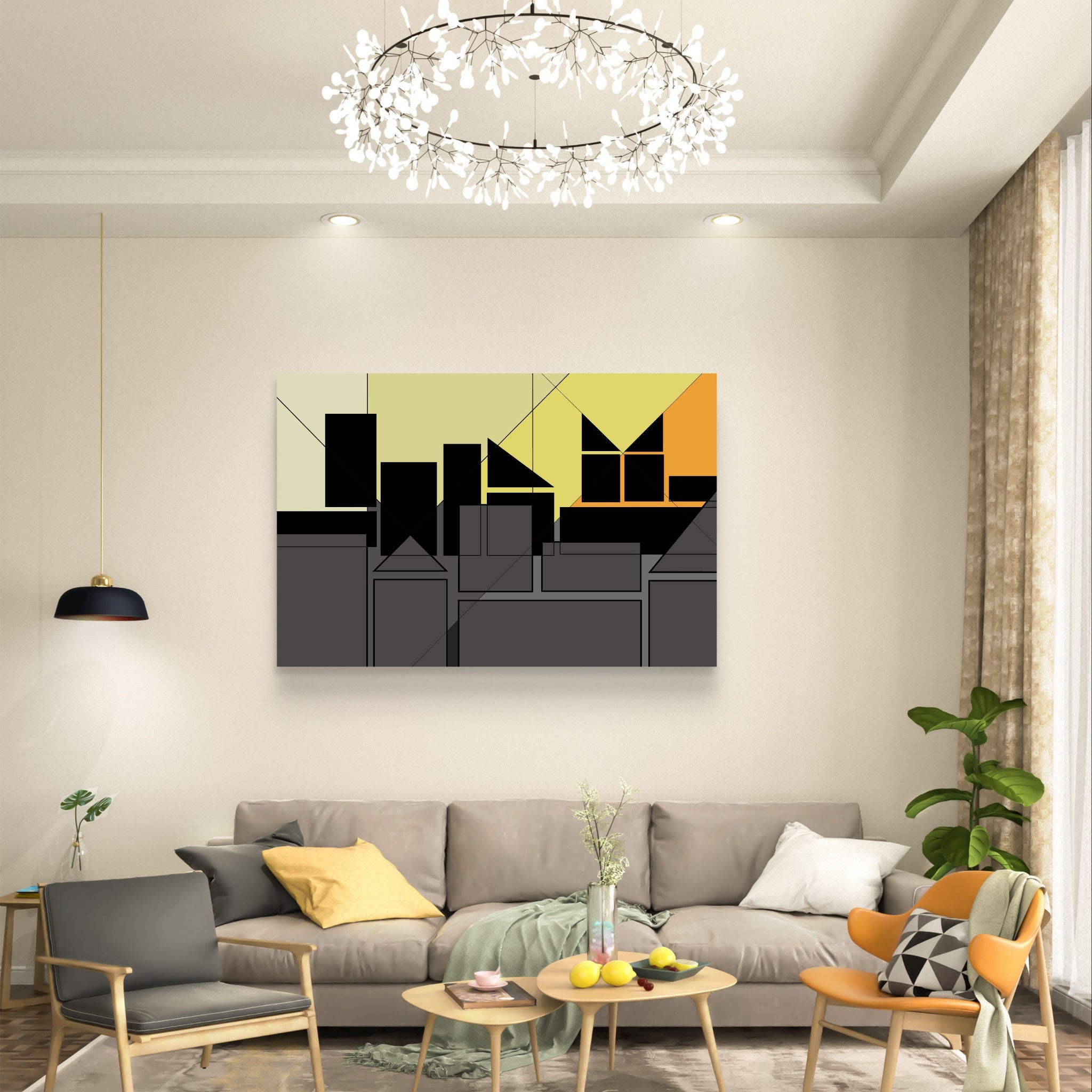 Modern living room with abstract art on the wall, gray sofa, and decorative items.