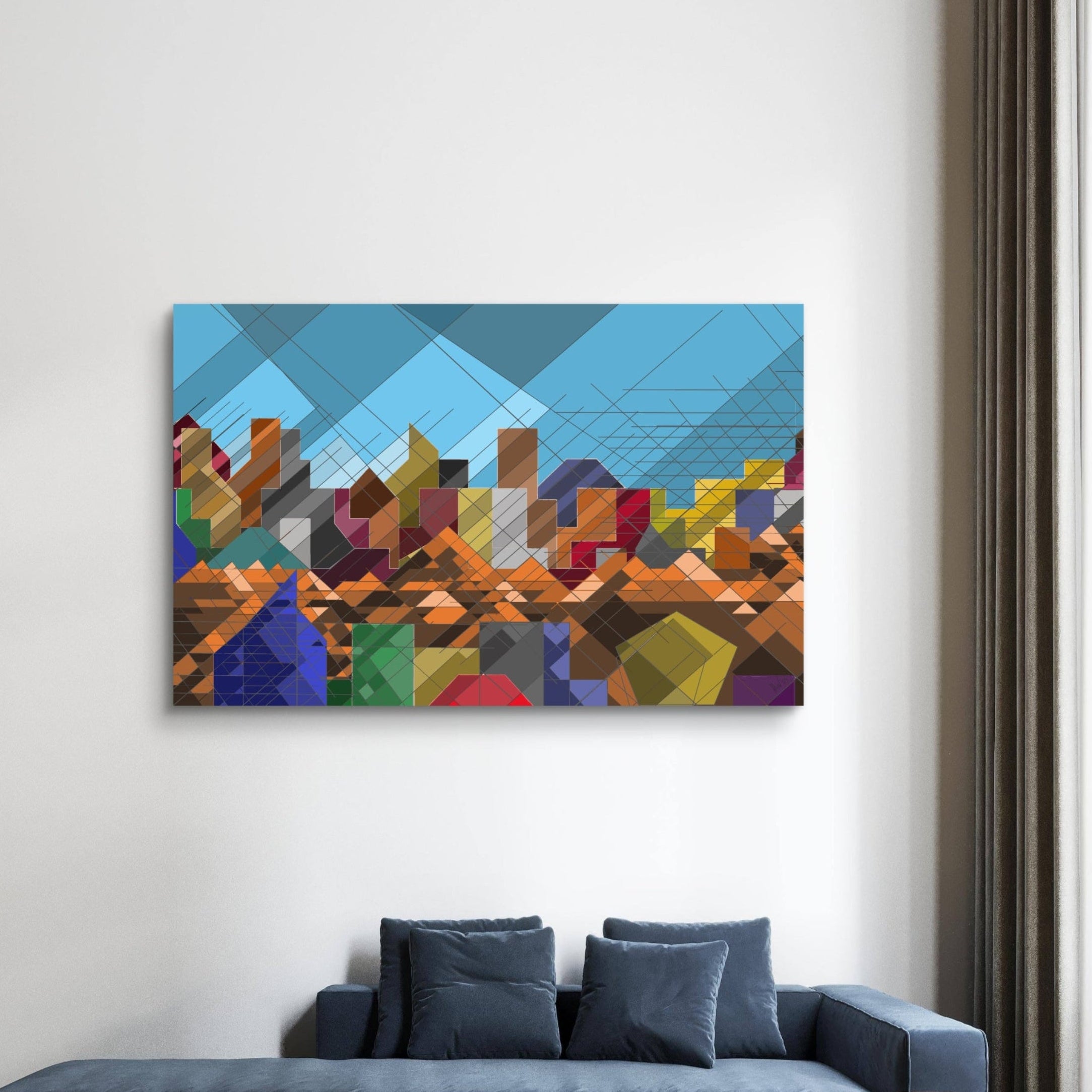Large colorful abstract architectural art on a wall above a blue sofa in a living room.