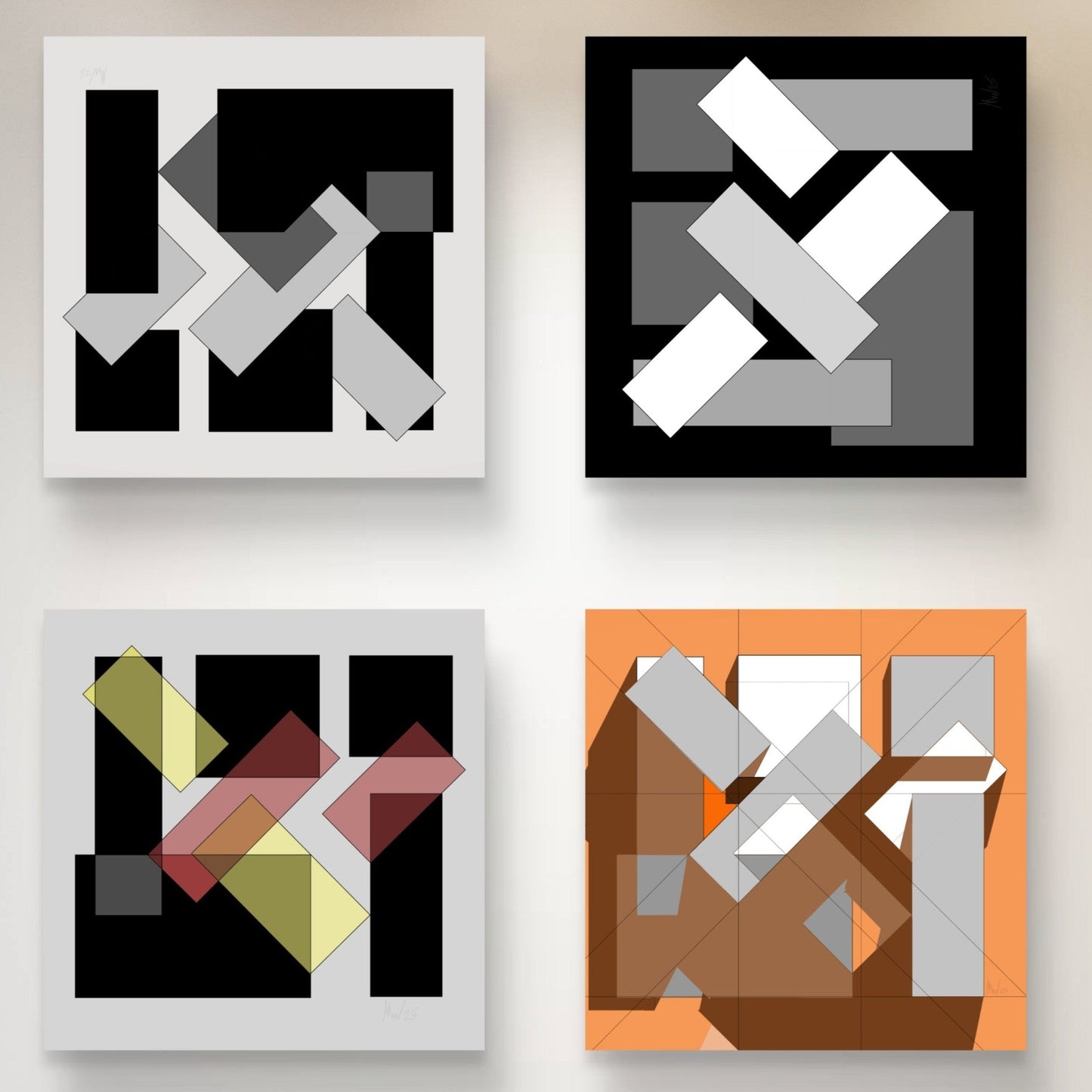 Urbanic geometric canvas decor set for styling interiors featuring abstract geometric designs in contrasting colors.