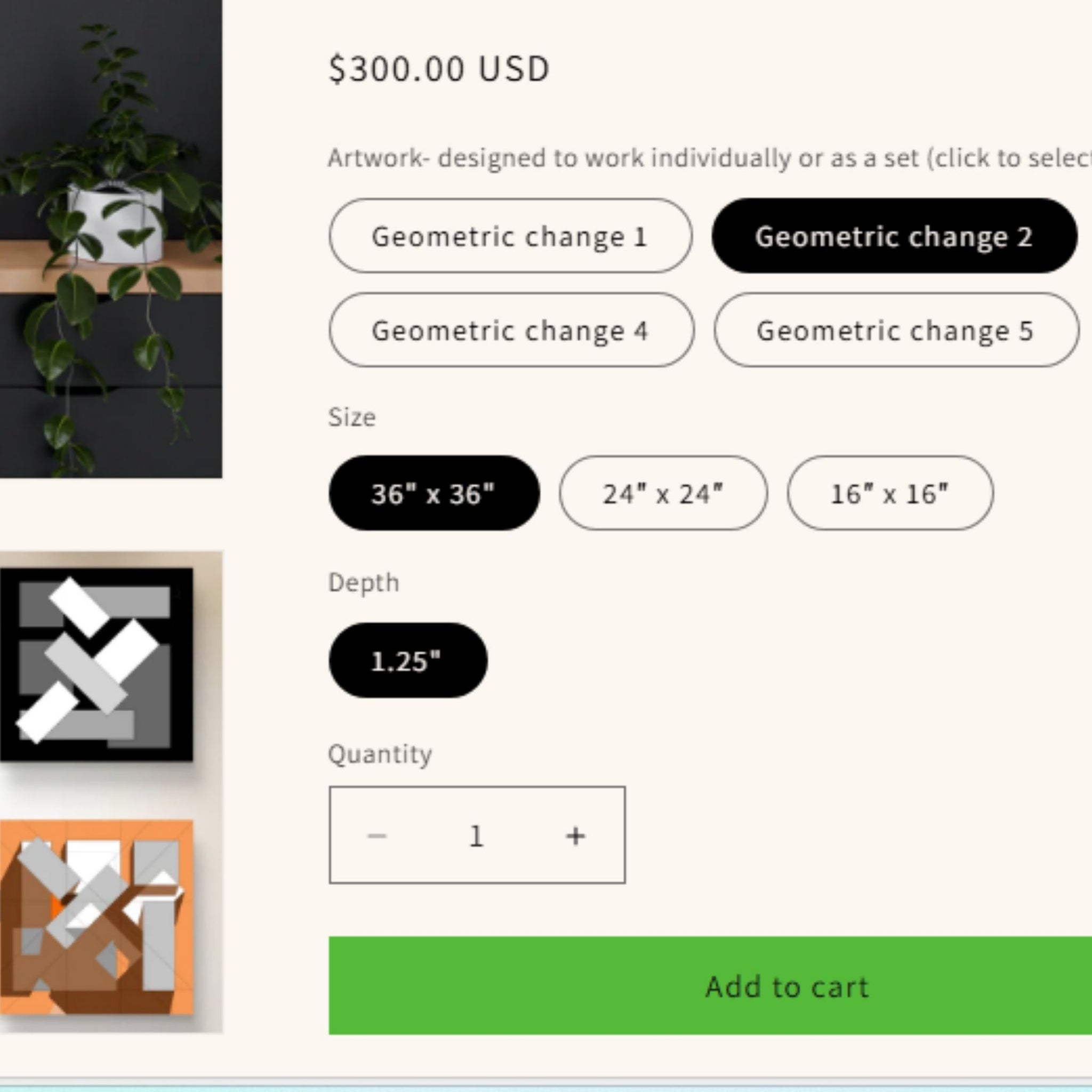 Product page with geometric art design, price, and options on a website.