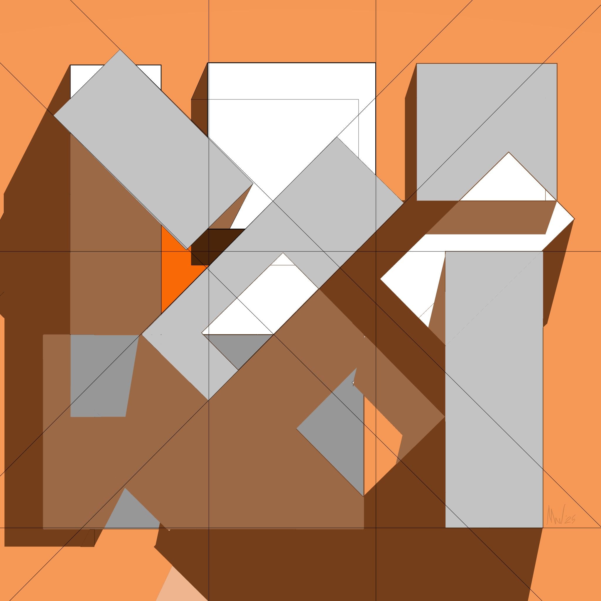 Geometric abstract artwork with rectilinear shapes on a brown and orange background