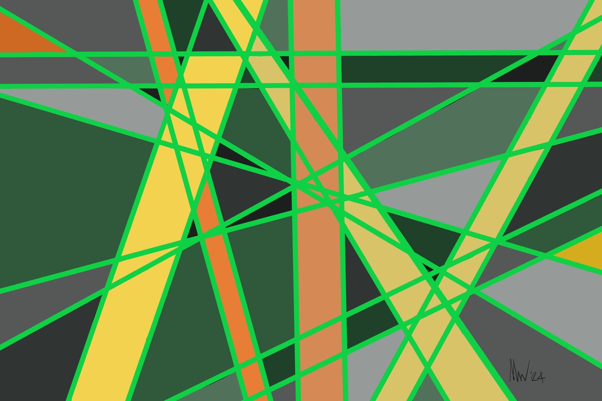 Abstract geometric art with intersecting lines in green, yellow, and orange on a grey background