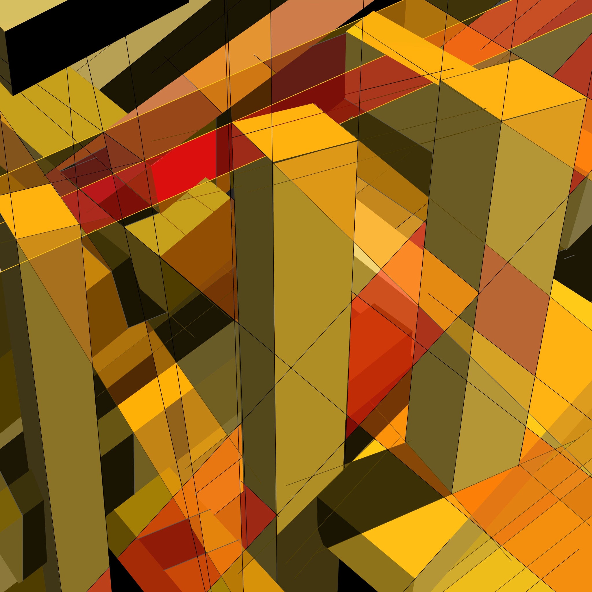 Colourful abstract urban artwork of 3D blocks intersecting with one another and with floating planes.