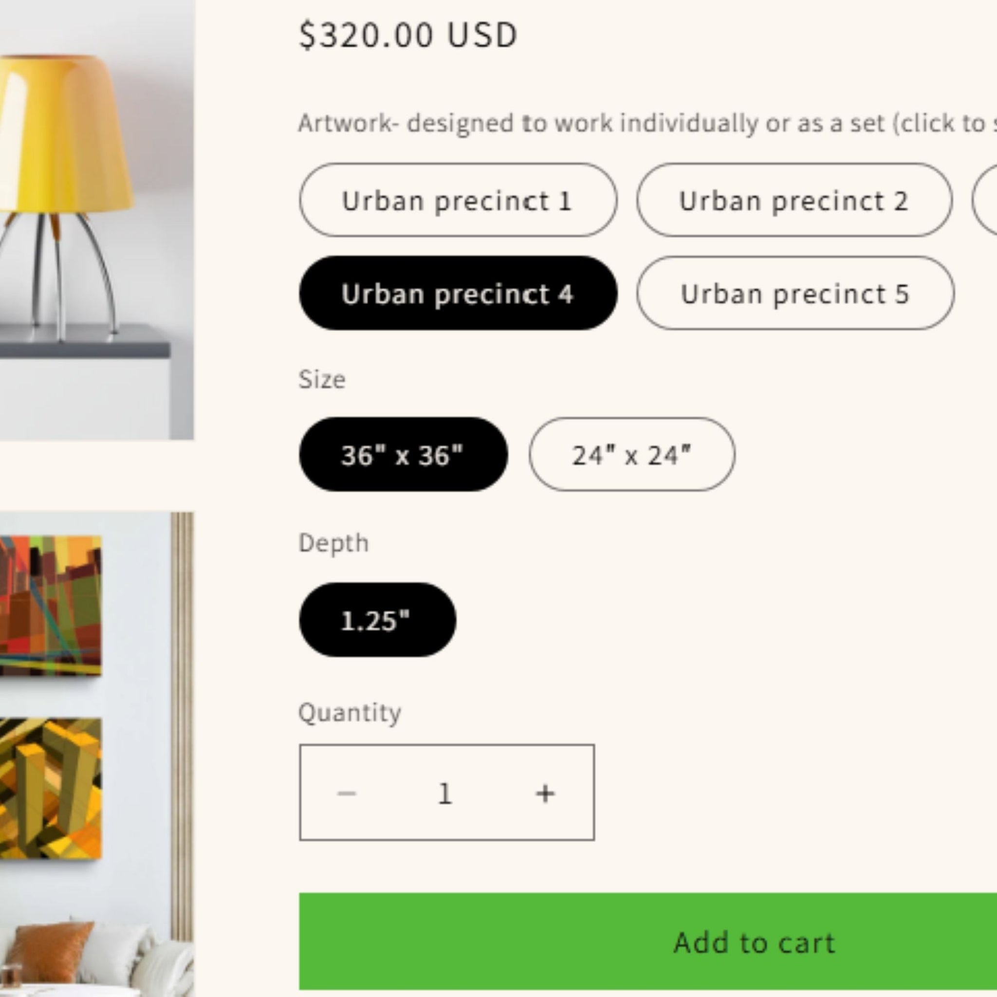 Product page with artwork options and pricing details on a white background