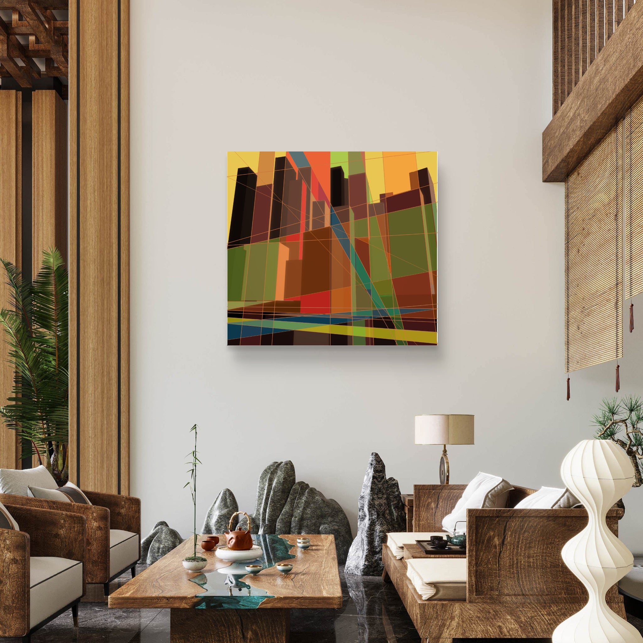 A colourful abstract urban art piece on creating a feature wall in an apartment living room