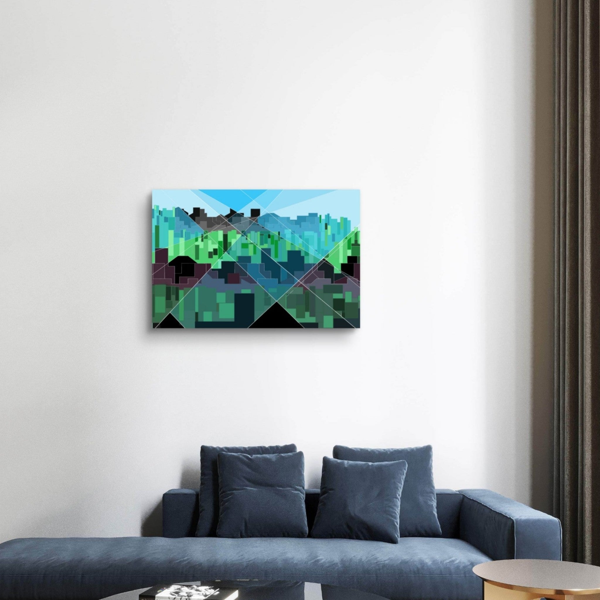 Abstract geometric painting on a wall above a blue sofa.