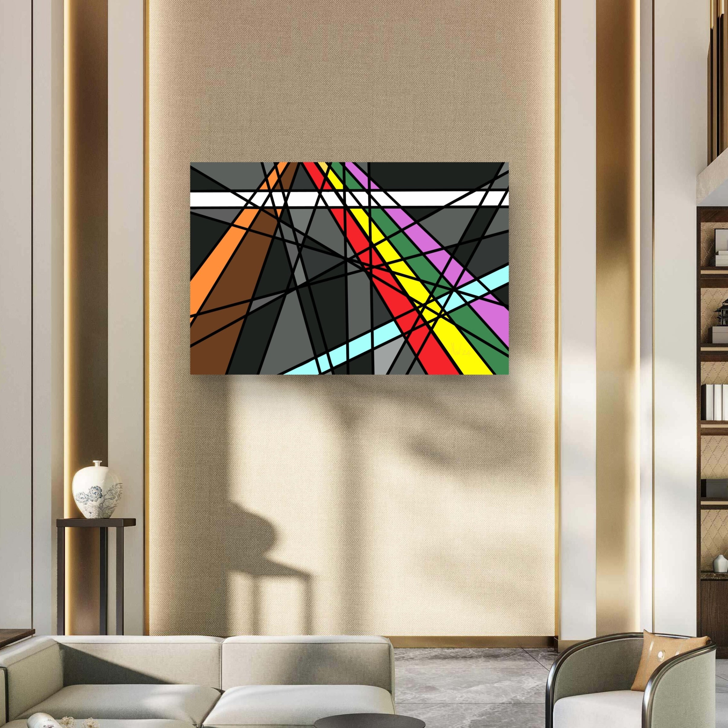 Large colourful geometric abstract canvas in a hotel reception