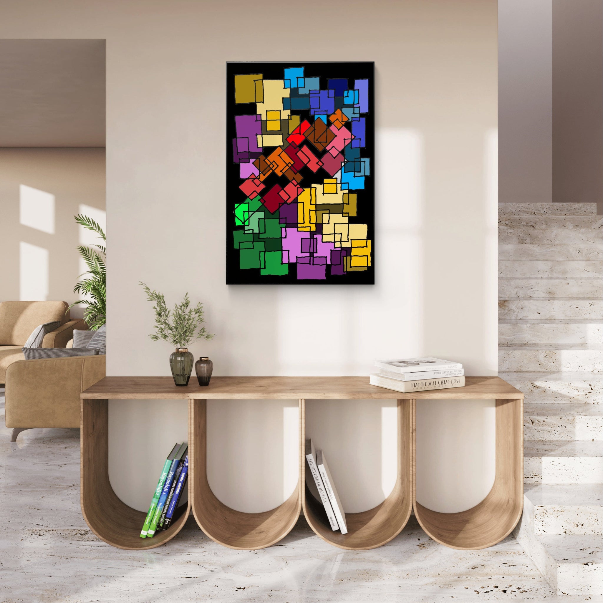 Colourful abstract geometric artwork creating a feature wall in a transitional space of a home.