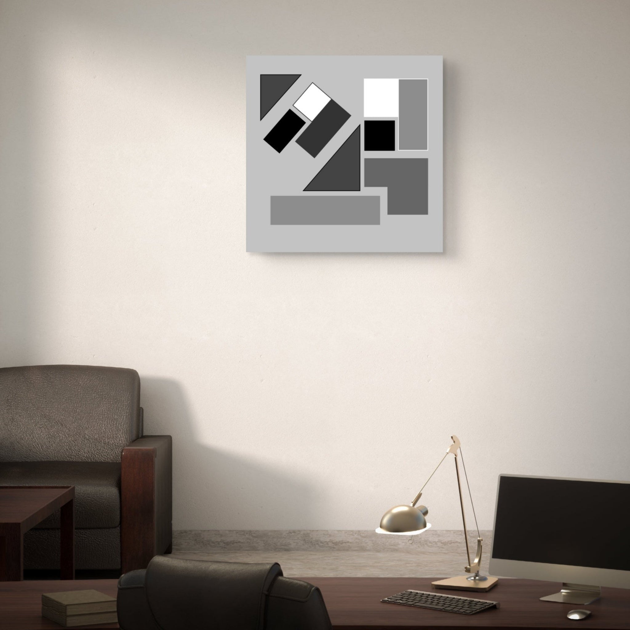 Modern office space with abstract wall art, desk, and chair.