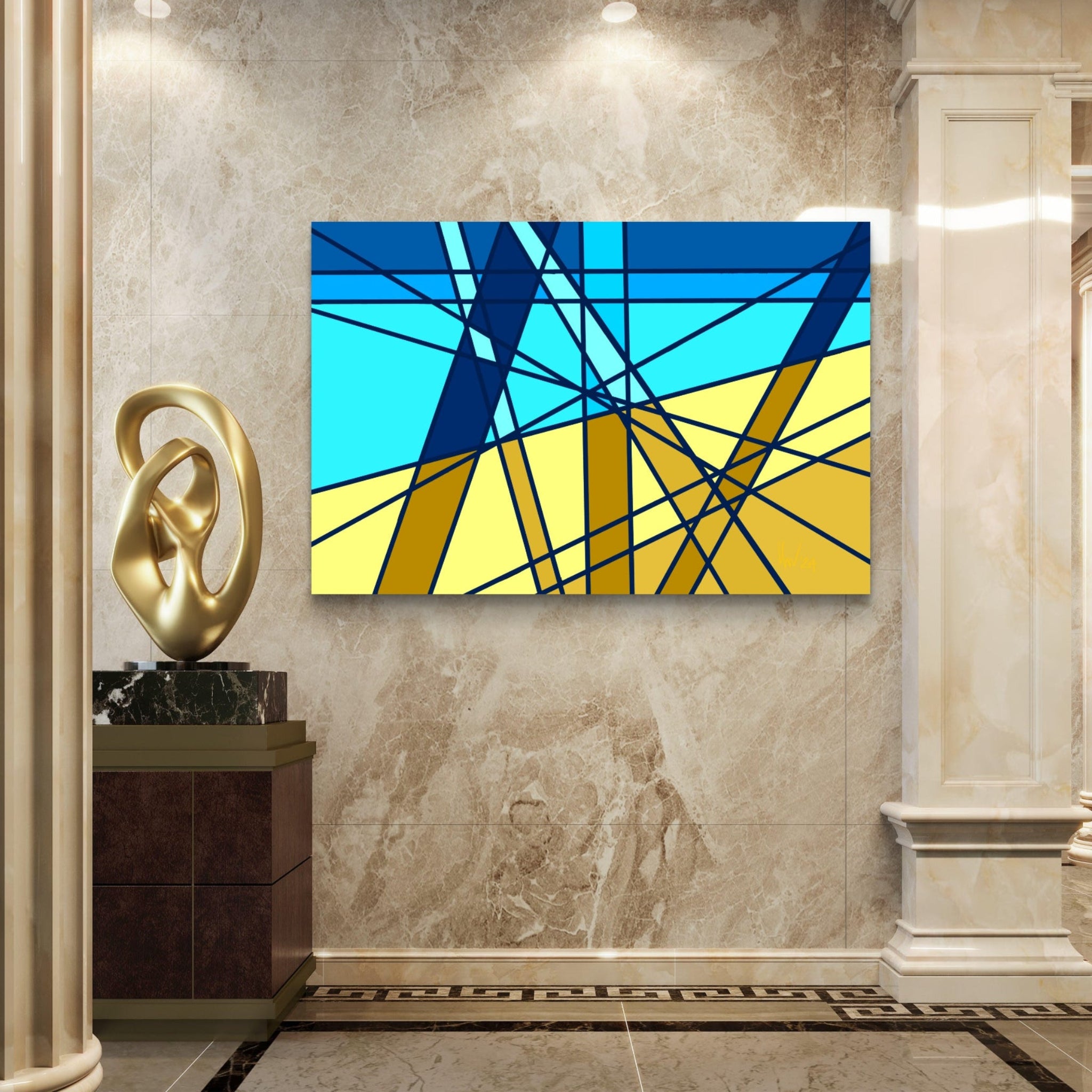 Abstract painting with blue and yellow geometric design on a marble wall, gold sculpture to the left.