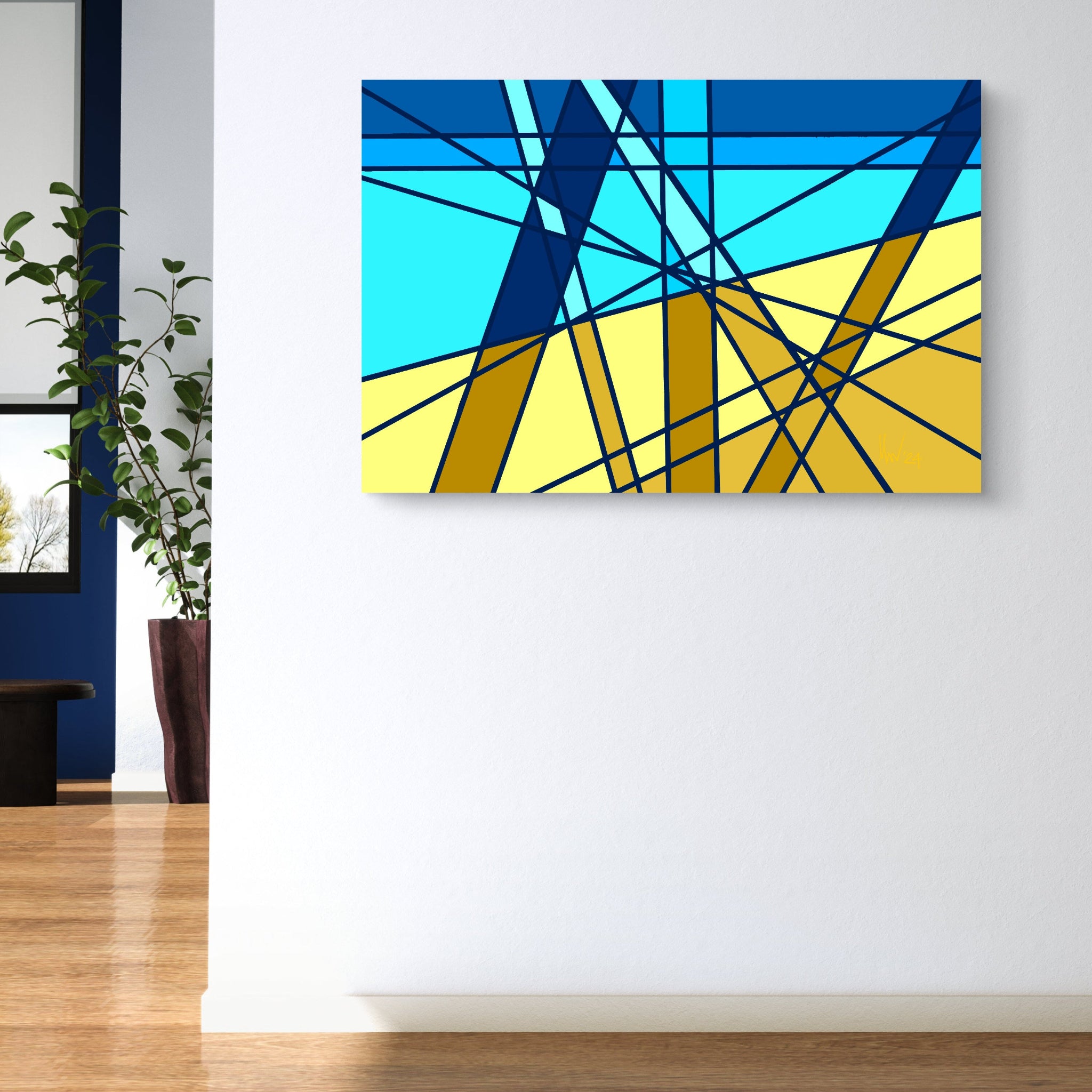 Vibrant abstract art piece with blue and yellow geometric artwork on a white wall creating a dramatic maximal feature wall