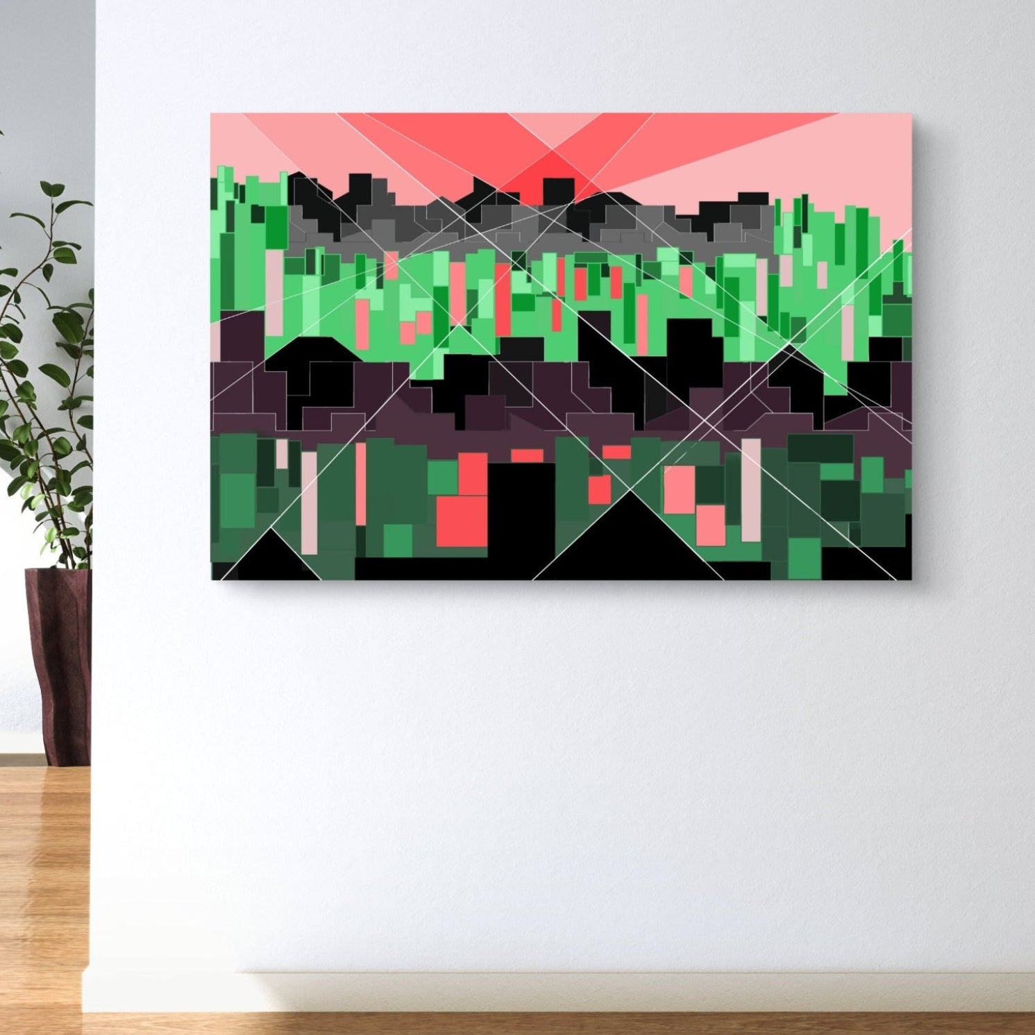 Modern green wall canvas set for living room hanging on a wall with abstract geometric design.