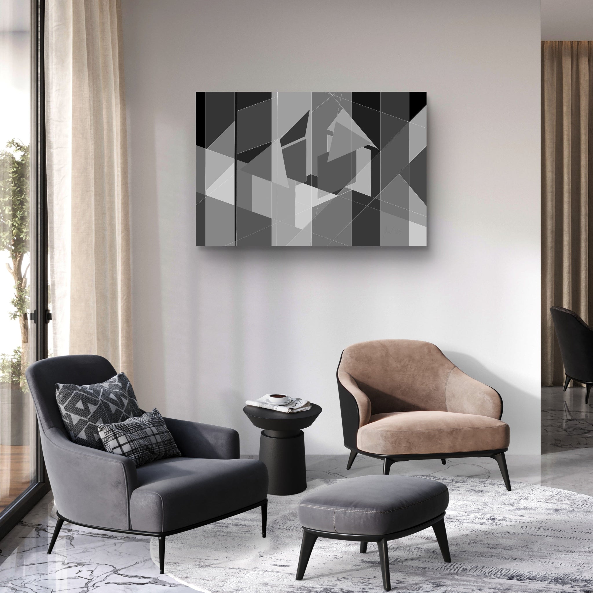 Modern living room with gray armchair, brown chair, and an abstract urban art piece forming a feature wall that matches the furniture.