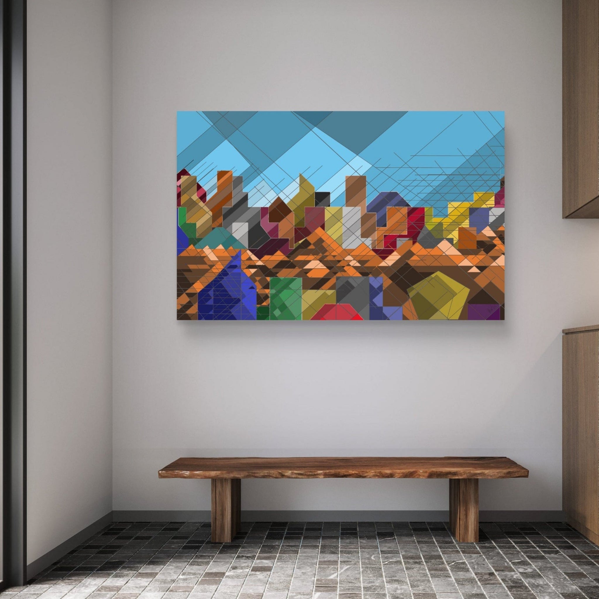 An abstract architectural canvas art piece on the wall in a porch