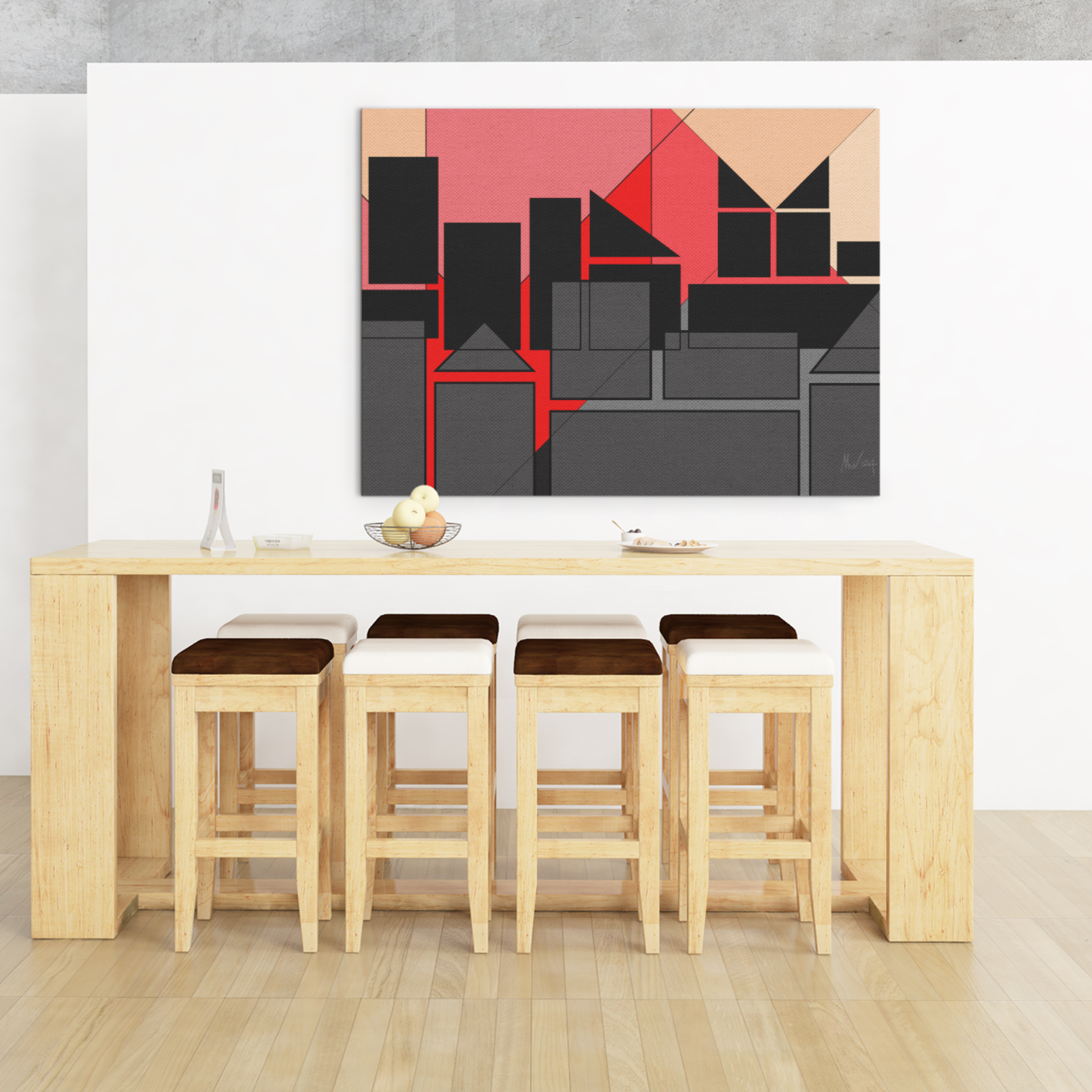Large colourful abstract architectural art on a dining room wall 