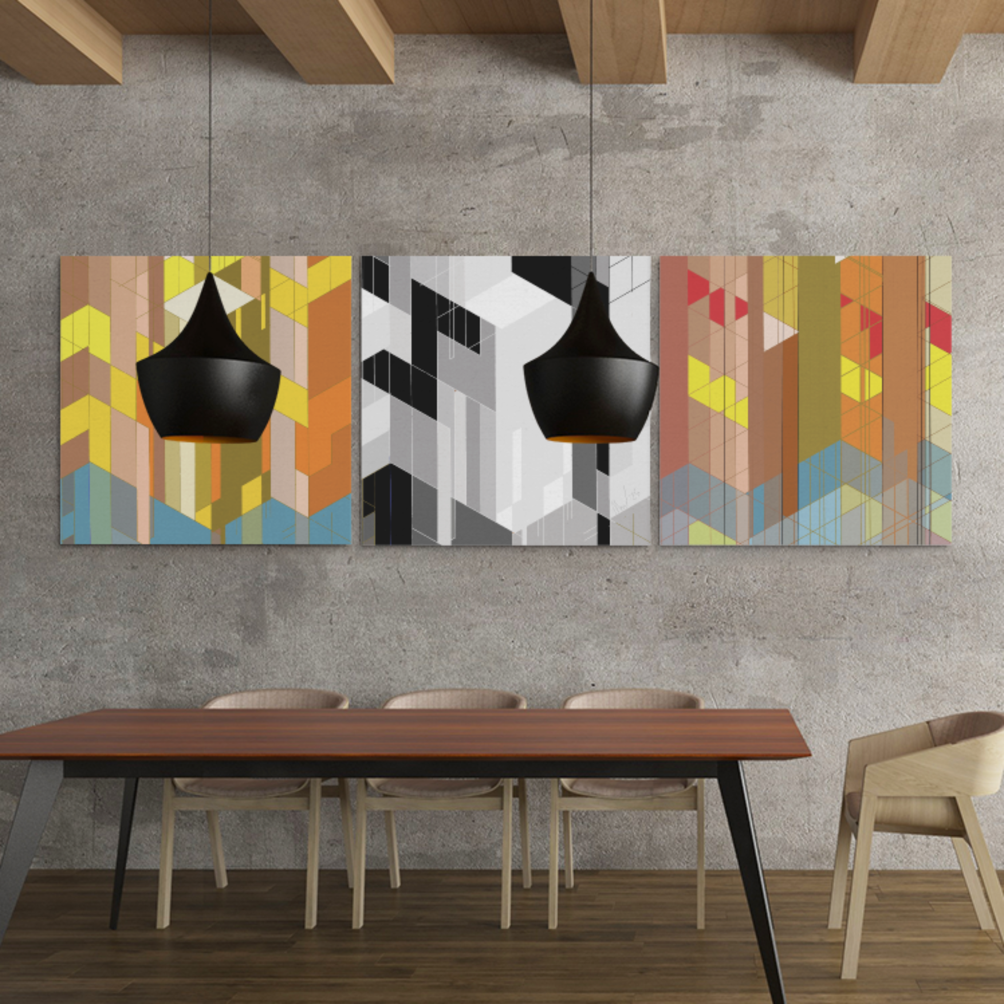 Modern dining room with collage of 3 pieces of architectural abstract art.